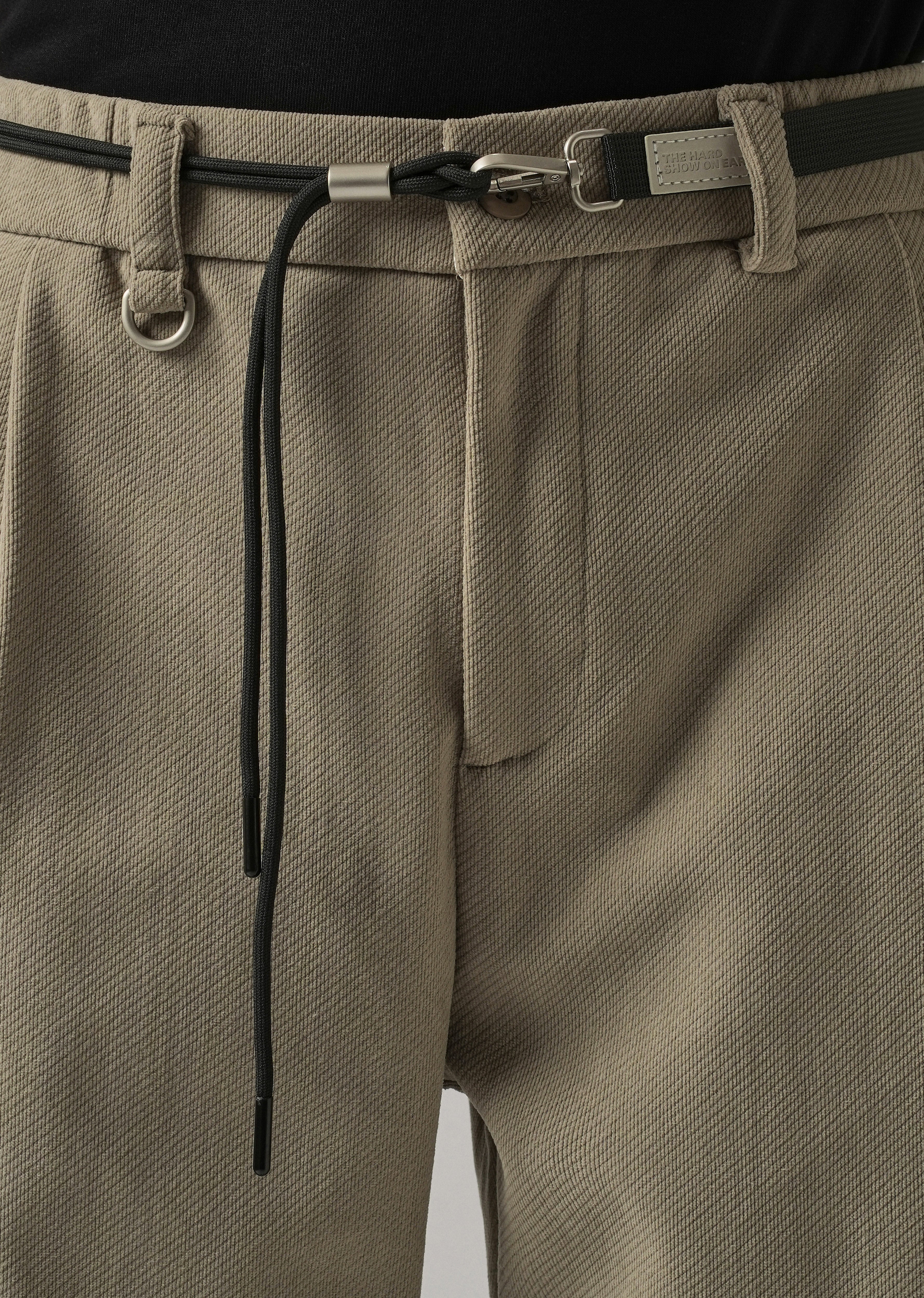Beige Textured Corduroy Belt Pant