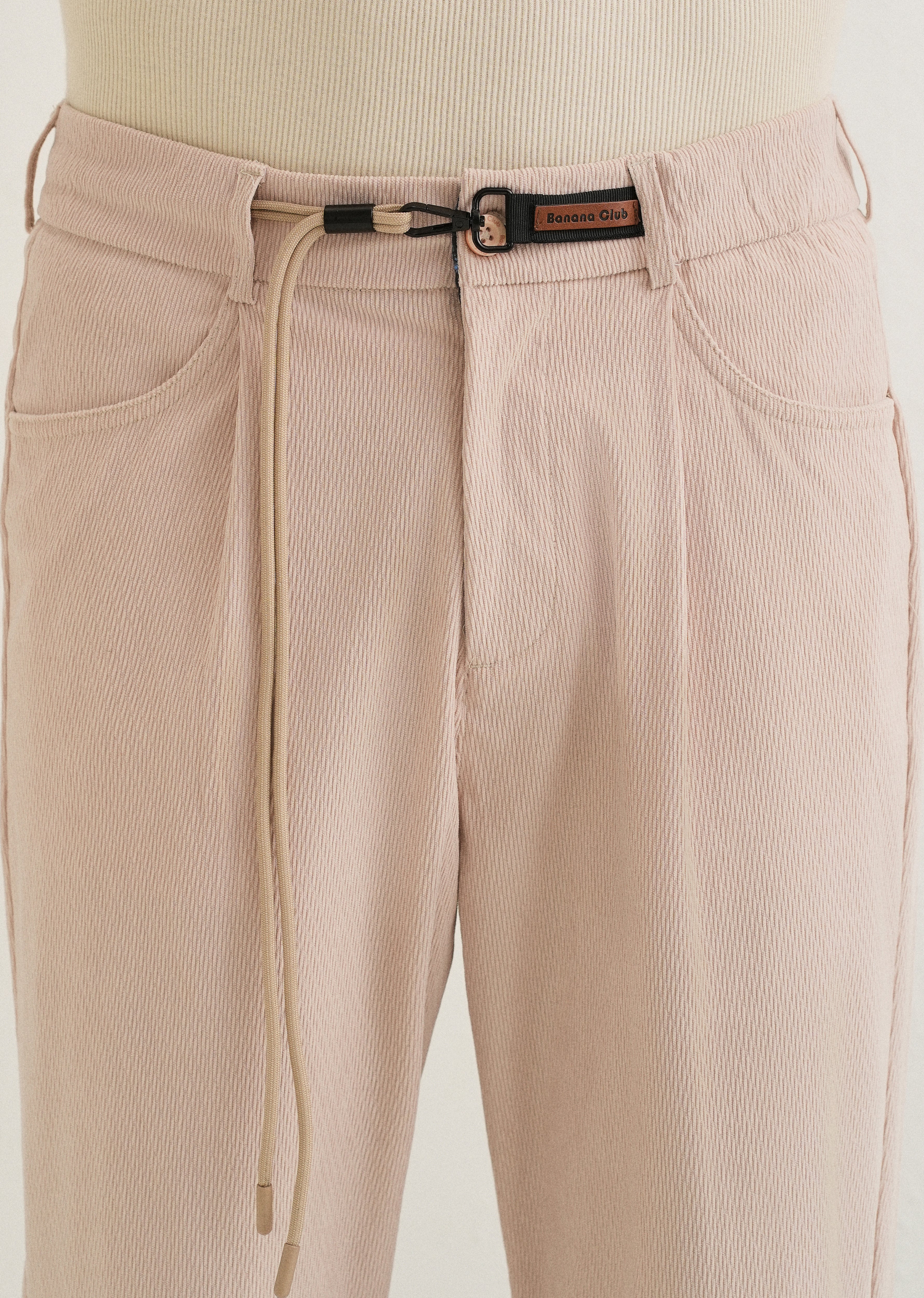 Beige Textured Corduroy Drawstring Pant