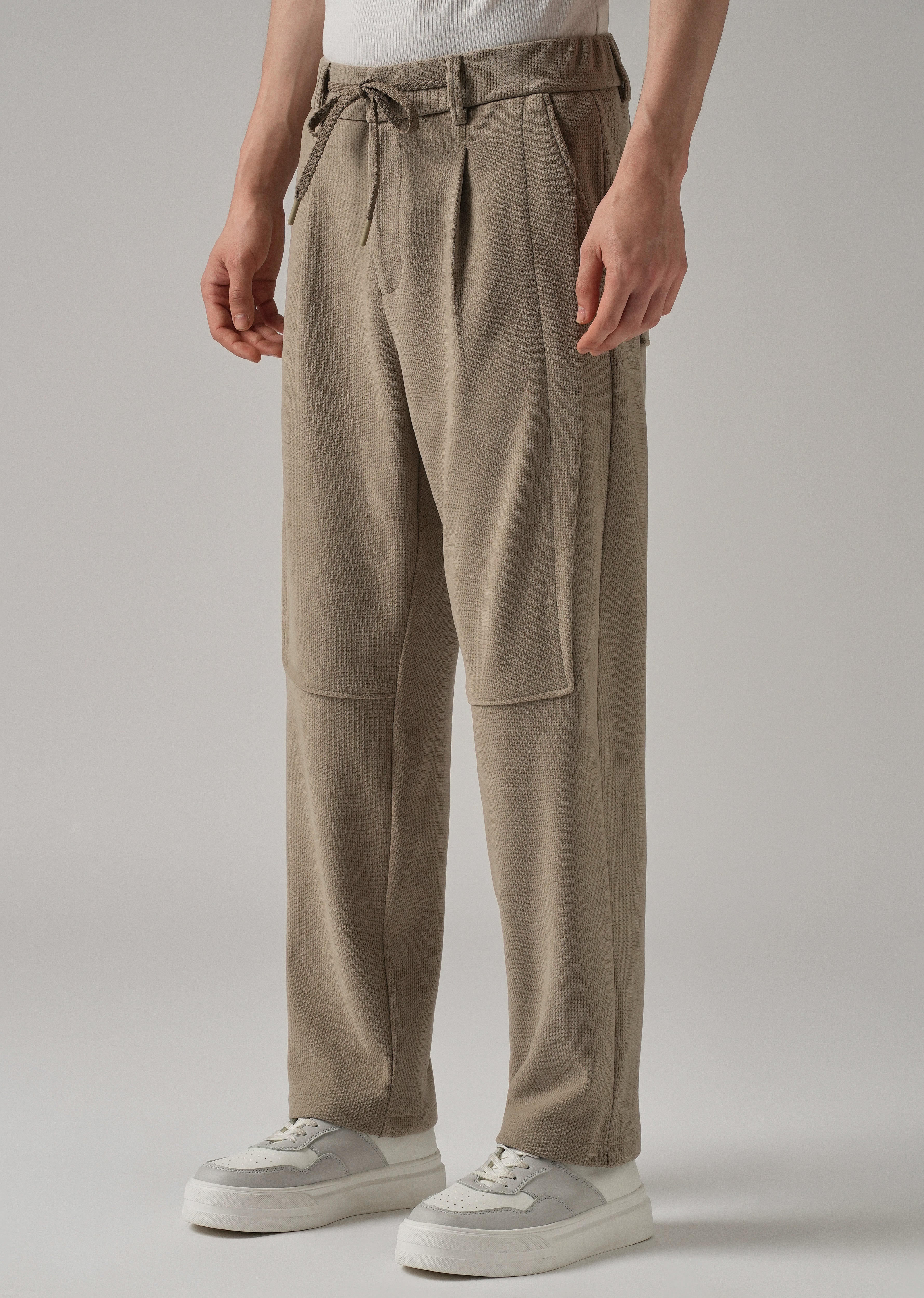 Beige Textured Suede Drawstring Pant