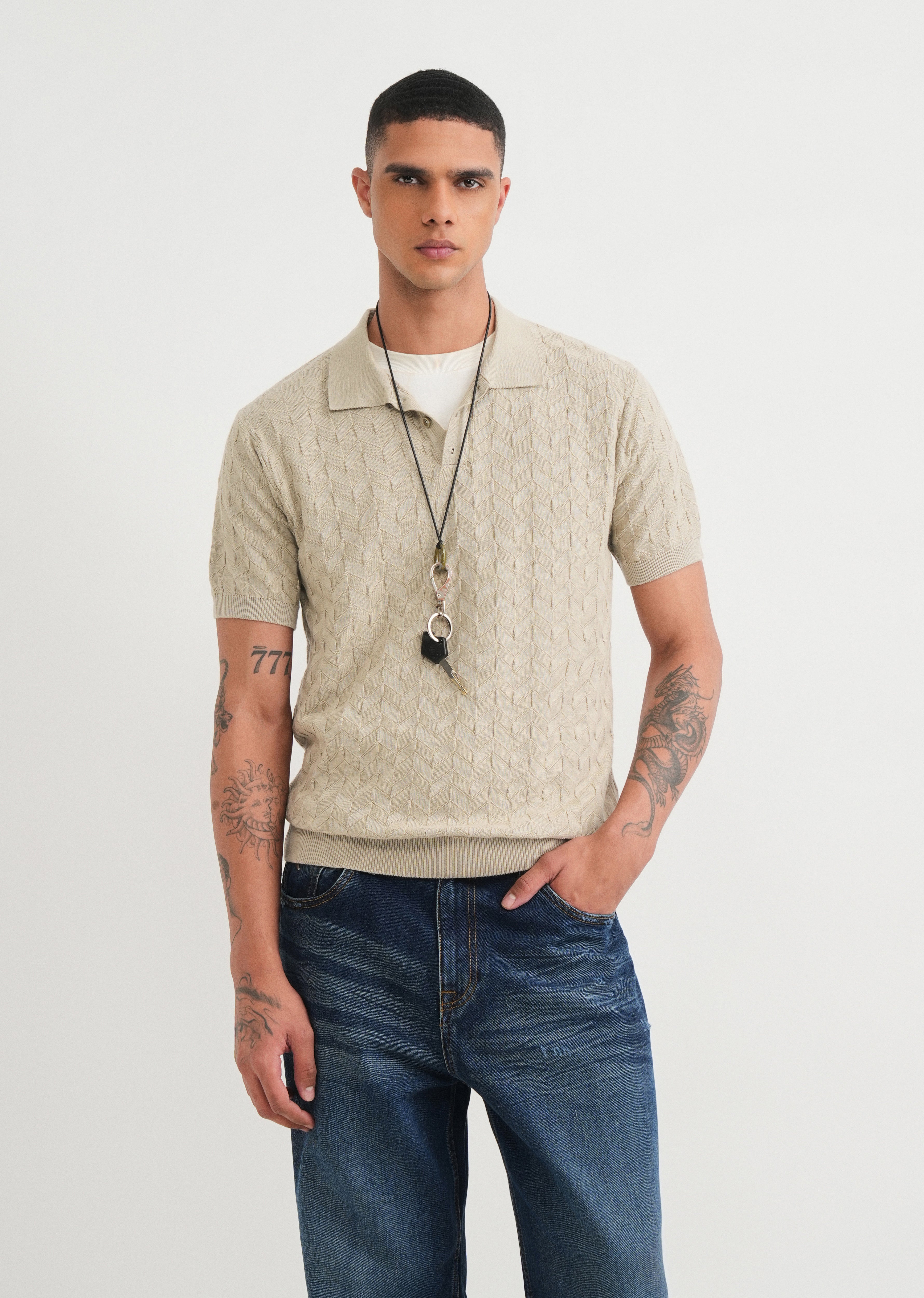 Beige Textured Knitted Polo