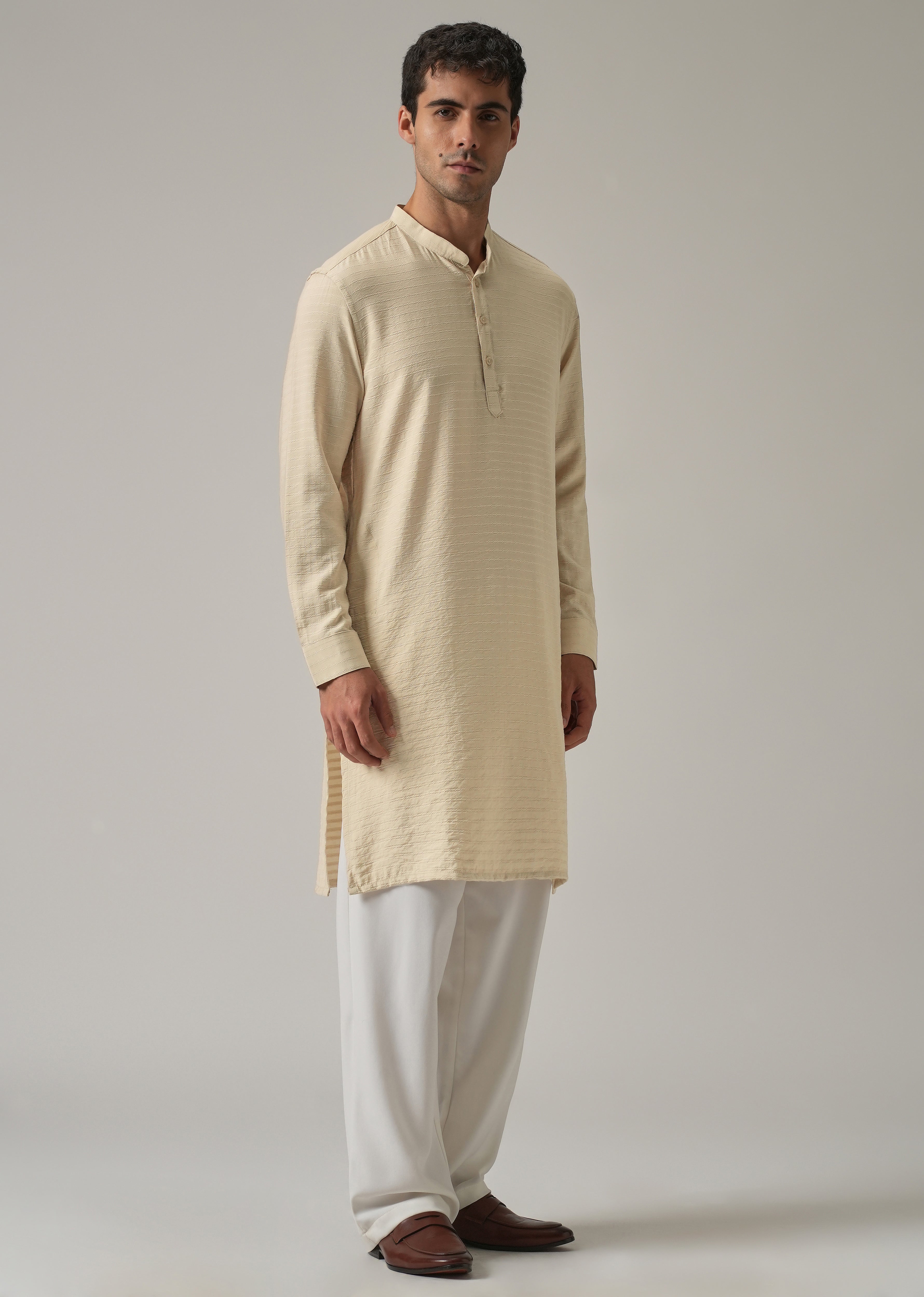Beige Nylon Self Stripe Kurta