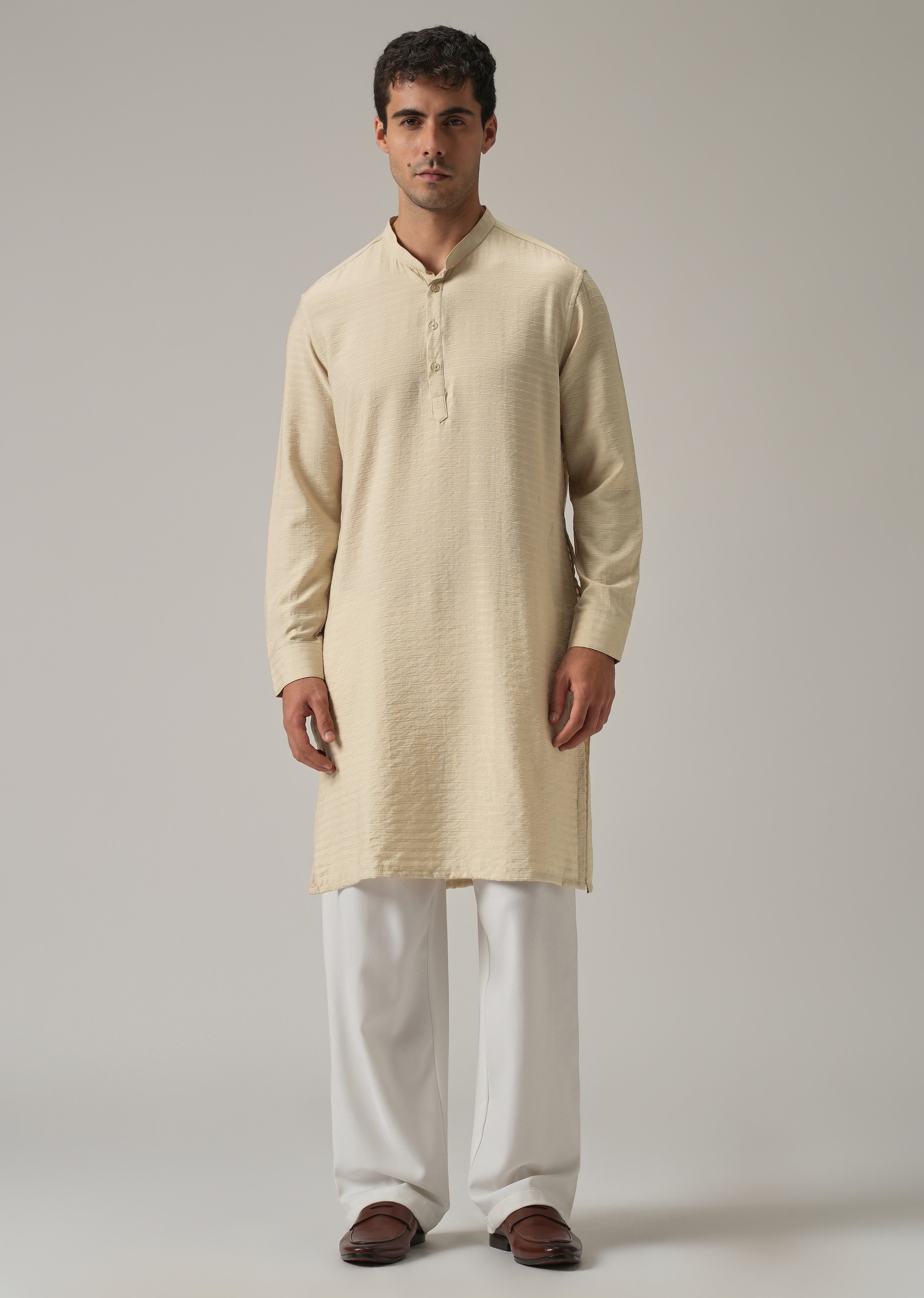 Beige Nylon Self Stripe Kurta