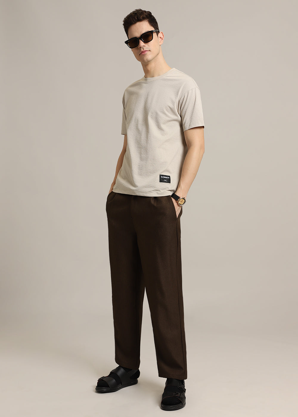 Beige Ribbed Stripe Regular Fit T-shirt