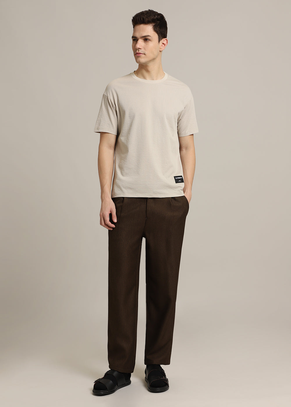 Beige Ribbed Stripe Regular Fit T-shirt