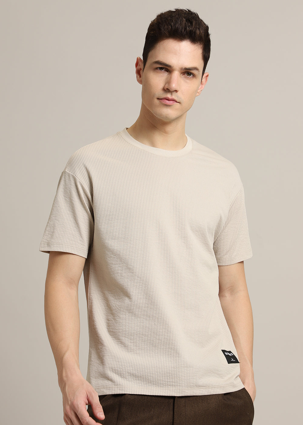 Beige Ribbed Stripe Regular Fit T-shirt