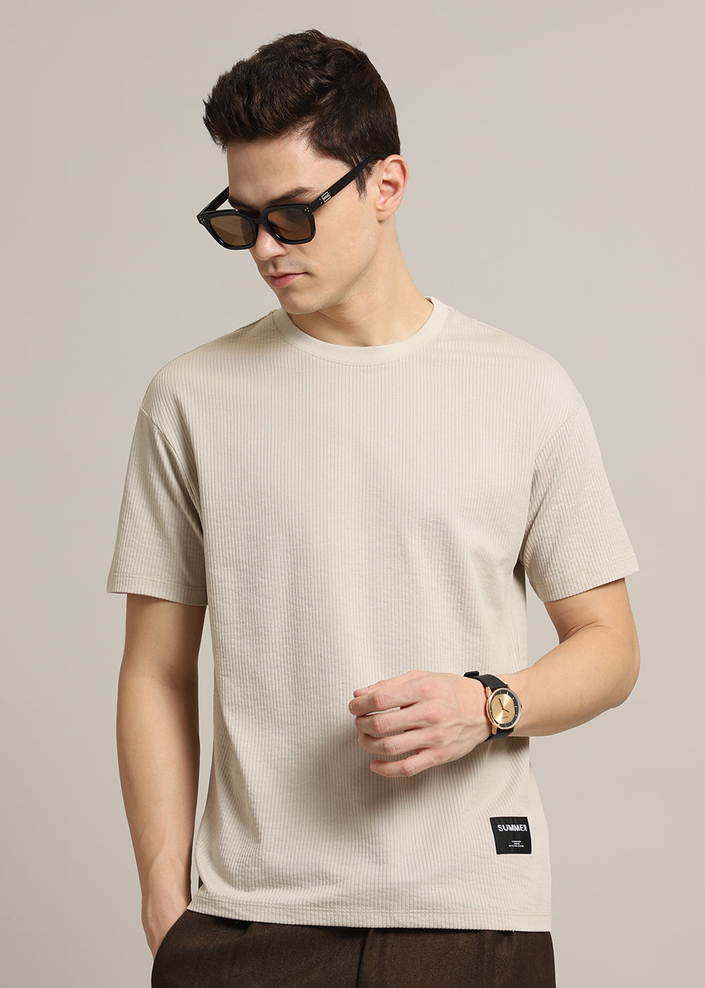 Beige Ribbed Stripe Regular Fit T-shirt