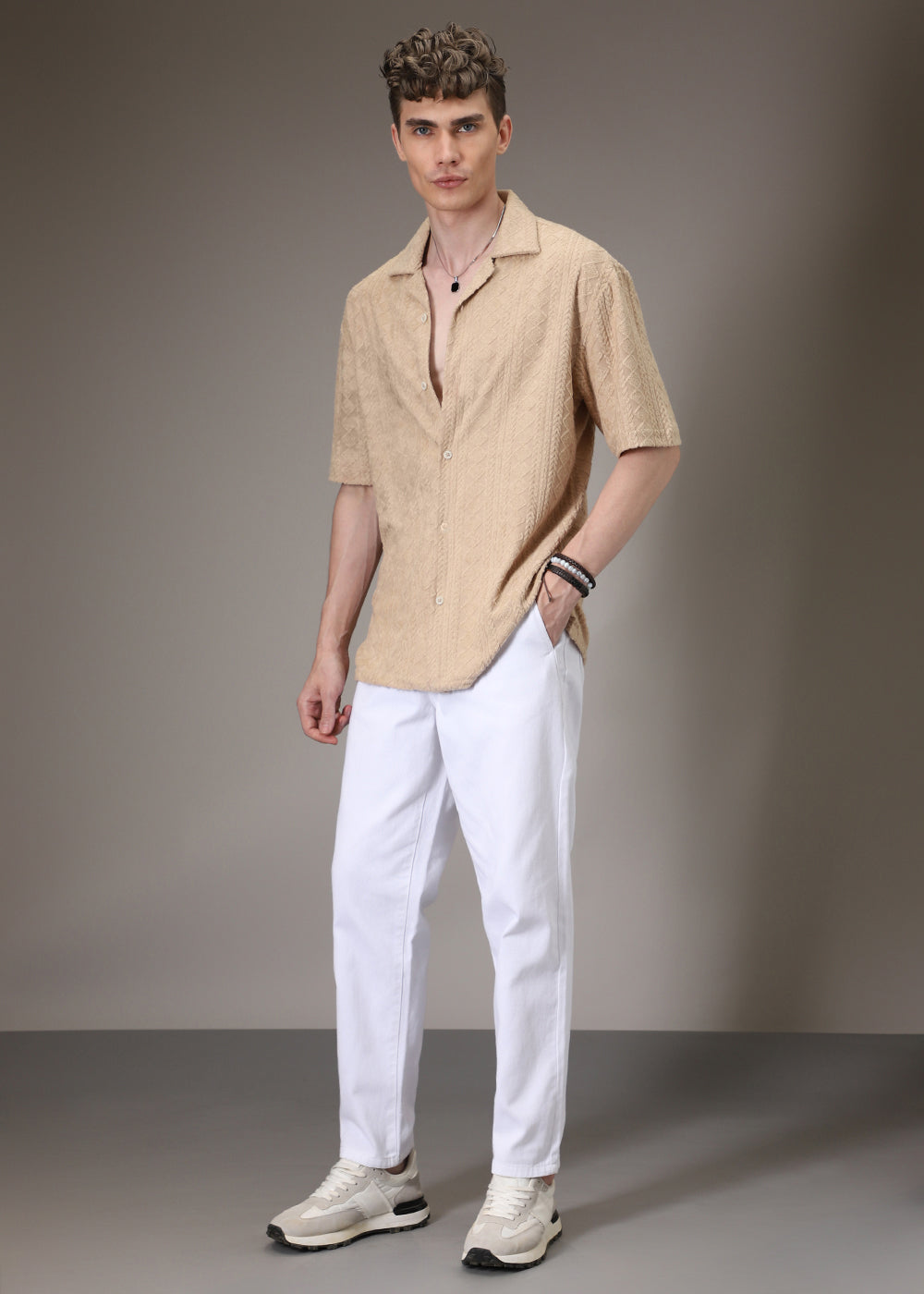 Beige Plain Jacquard Knitted Shirt