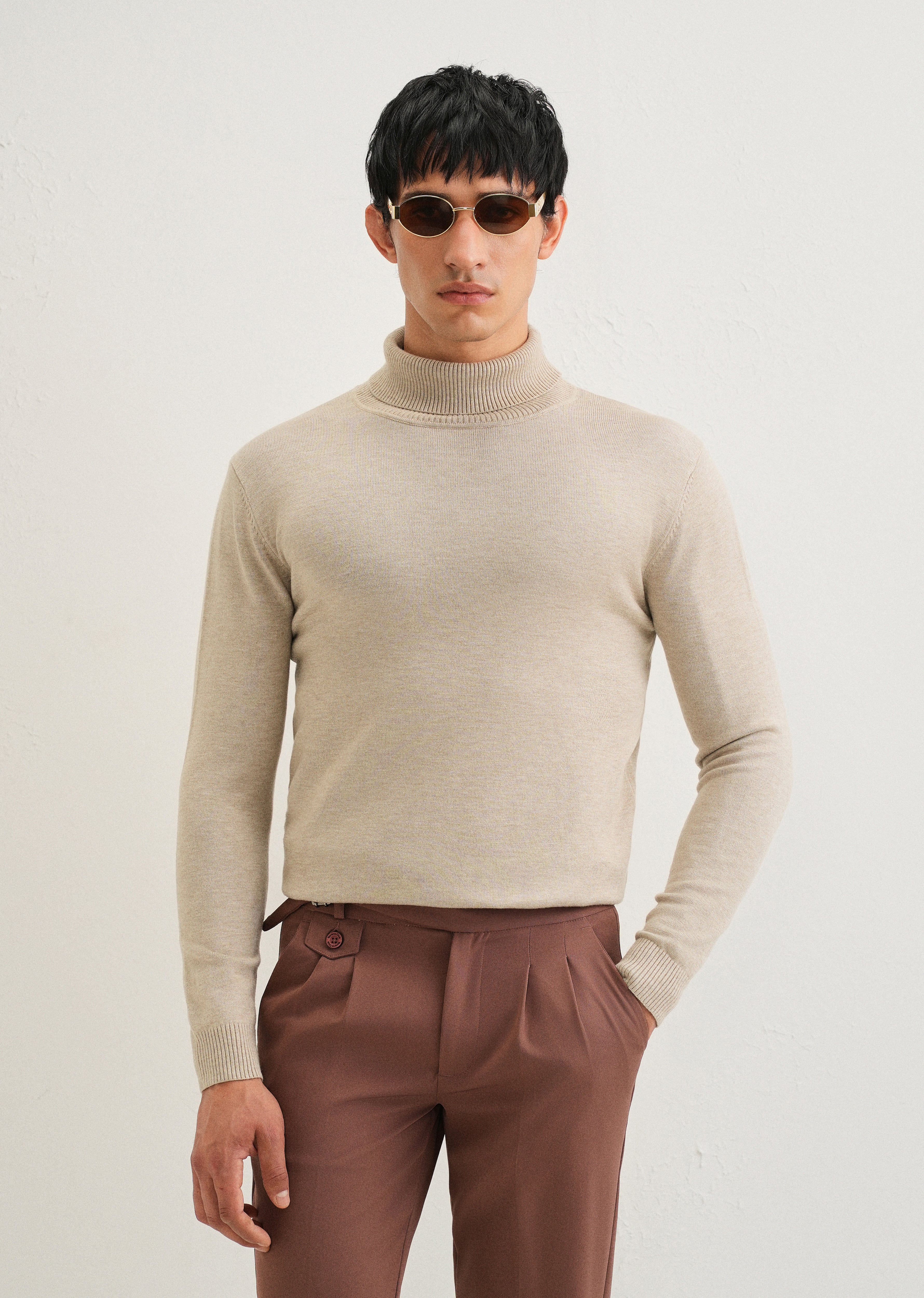 Polo Neck Mock Neck Beige Sweater Turtle Neck Knitted Sweater