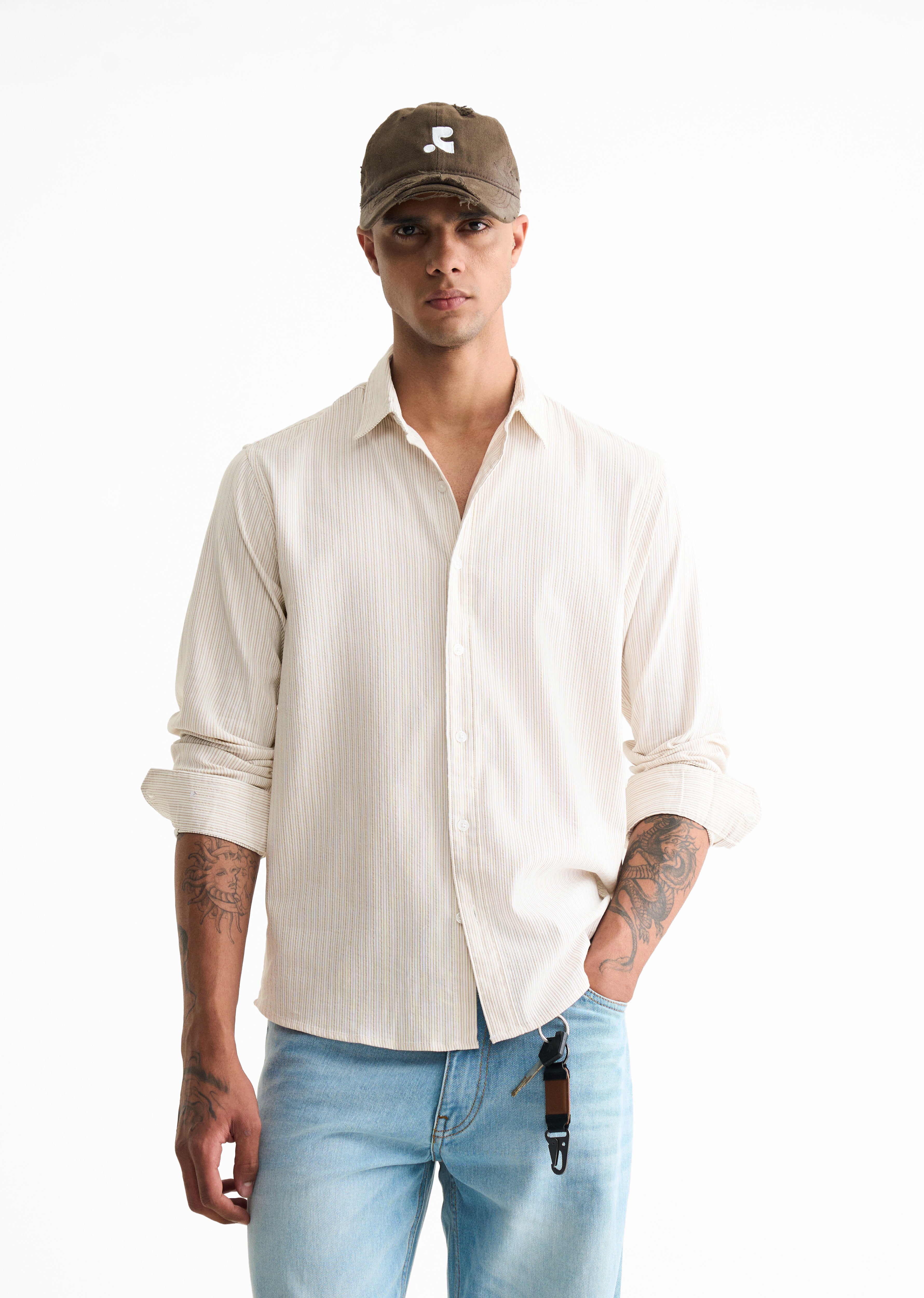 Beige Typography Printed Self-Stripe Shirt