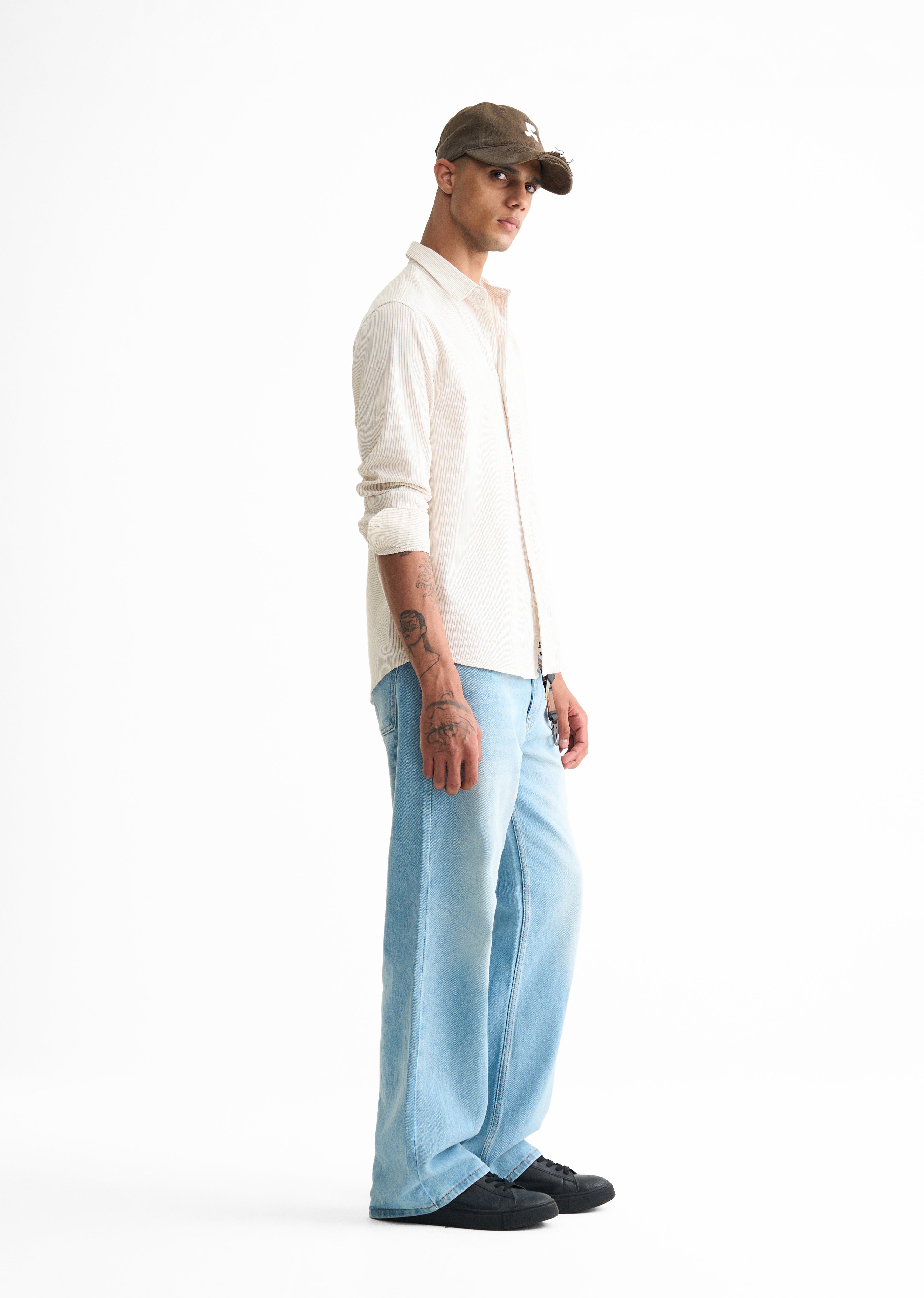 Beige Typography Printed Self-Stripe Shirt