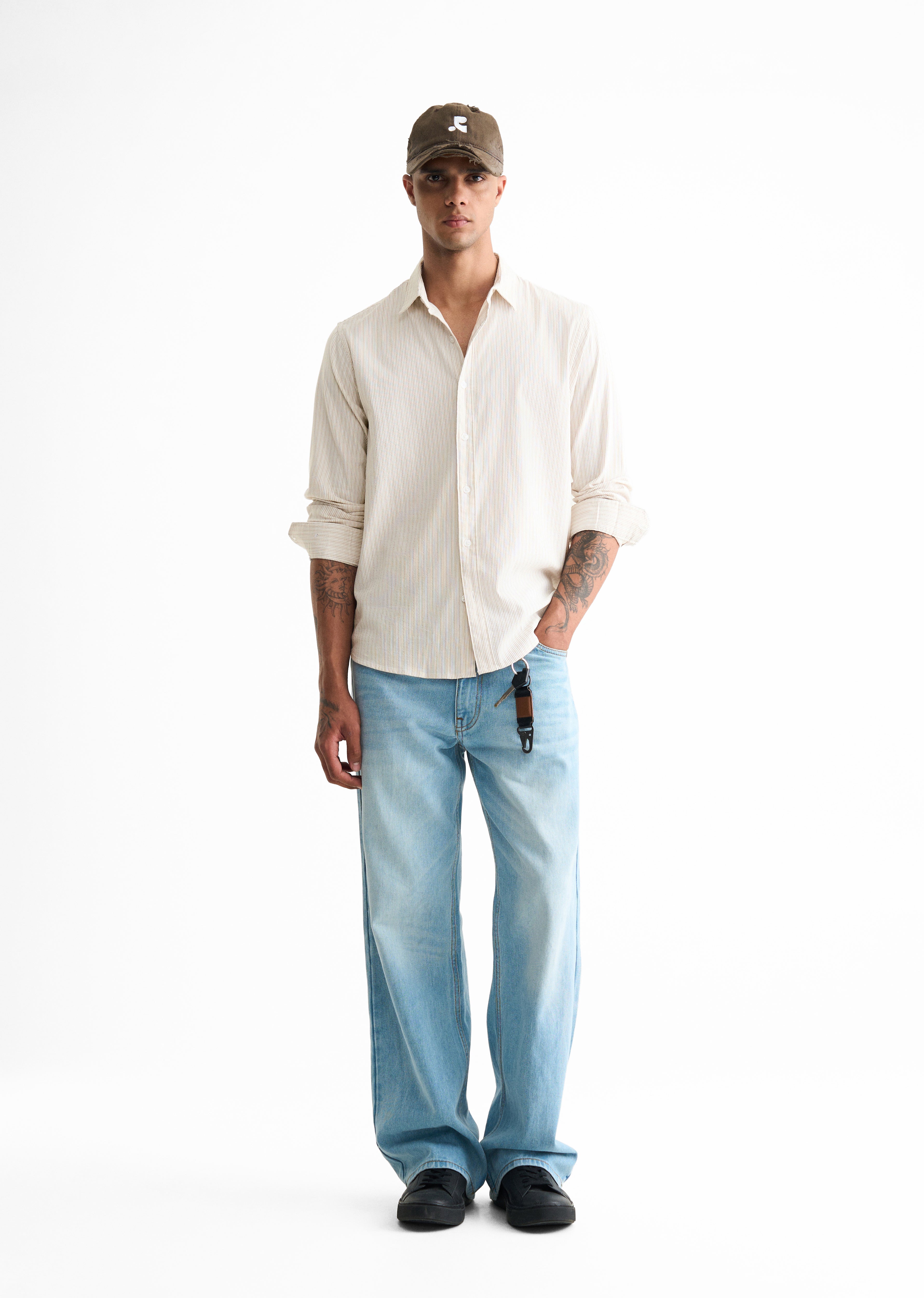 Beige Typography Printed Self-Stripe Shirt