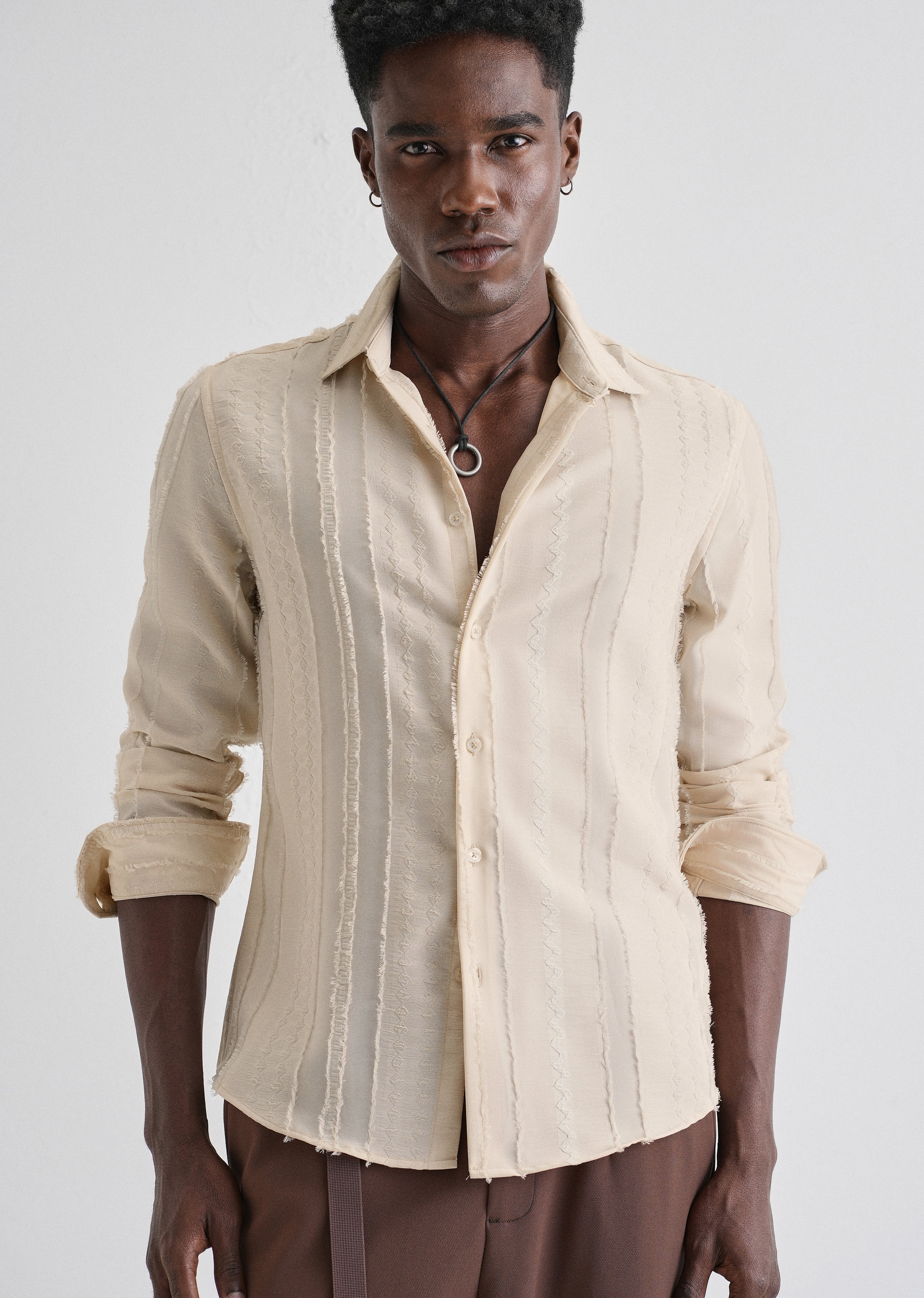 Beige Vertical Chevron Striped Shirt