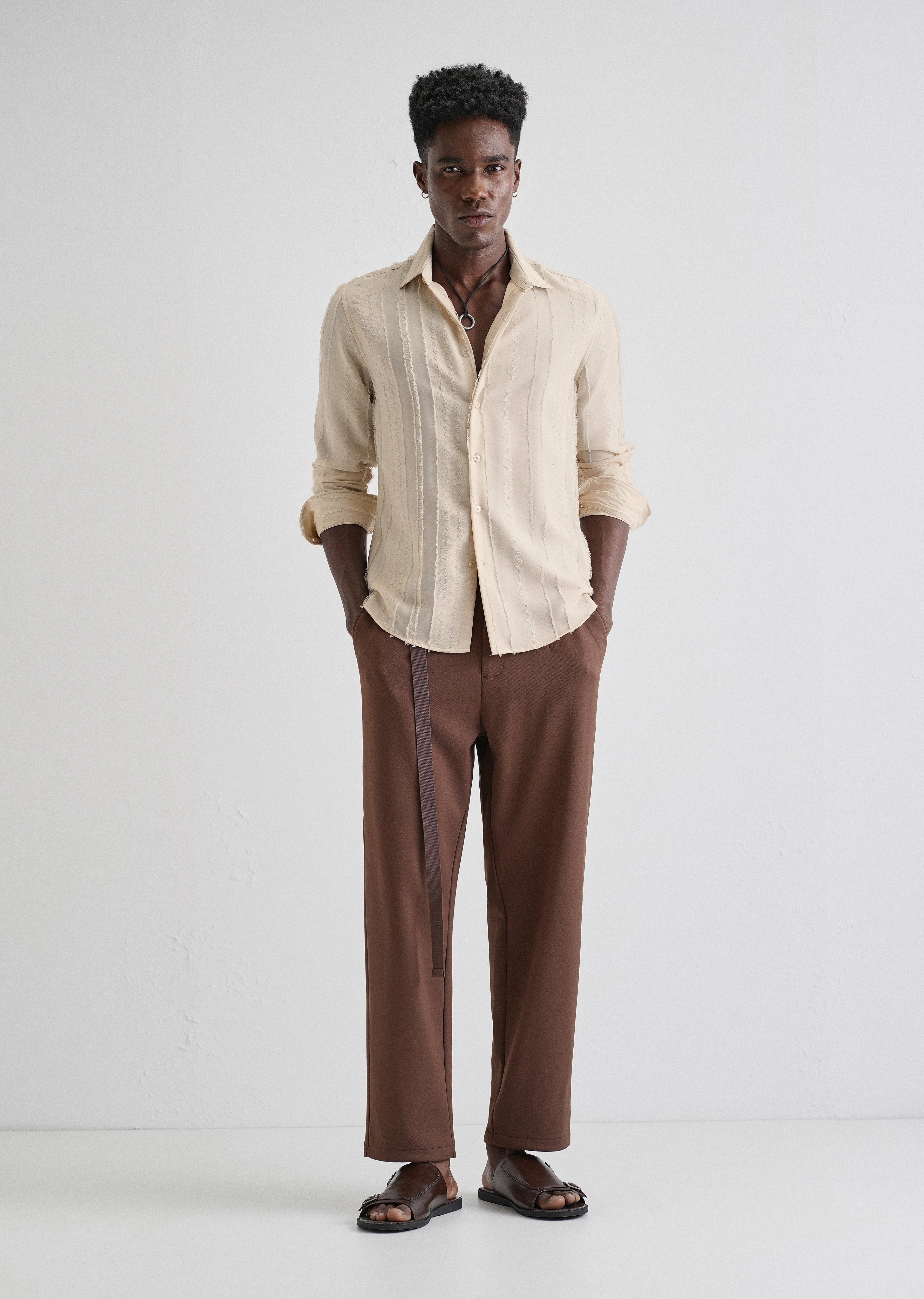 Beige Vertical Chevron Striped Shirt