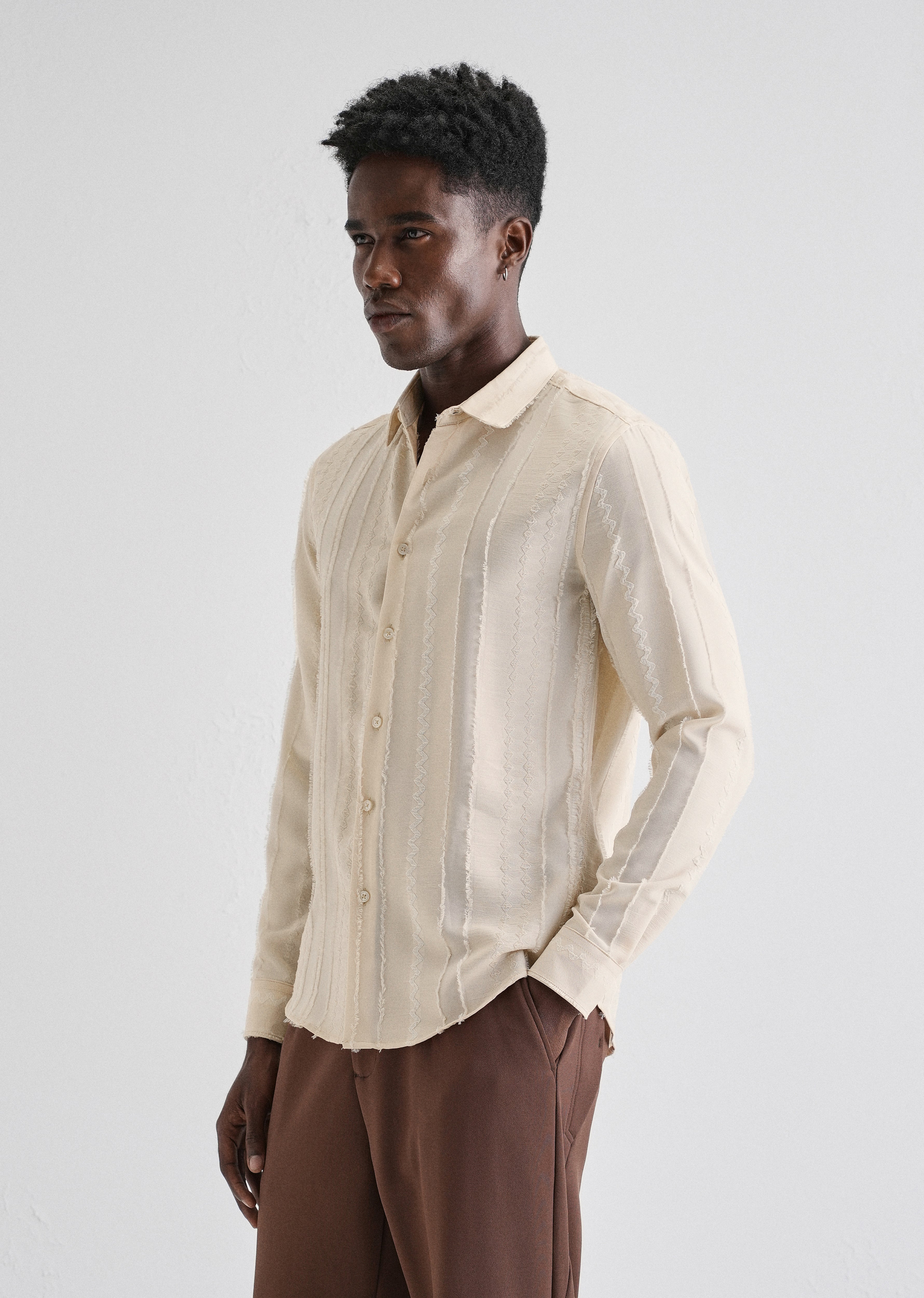 Beige Vertical Chevron Striped Shirt