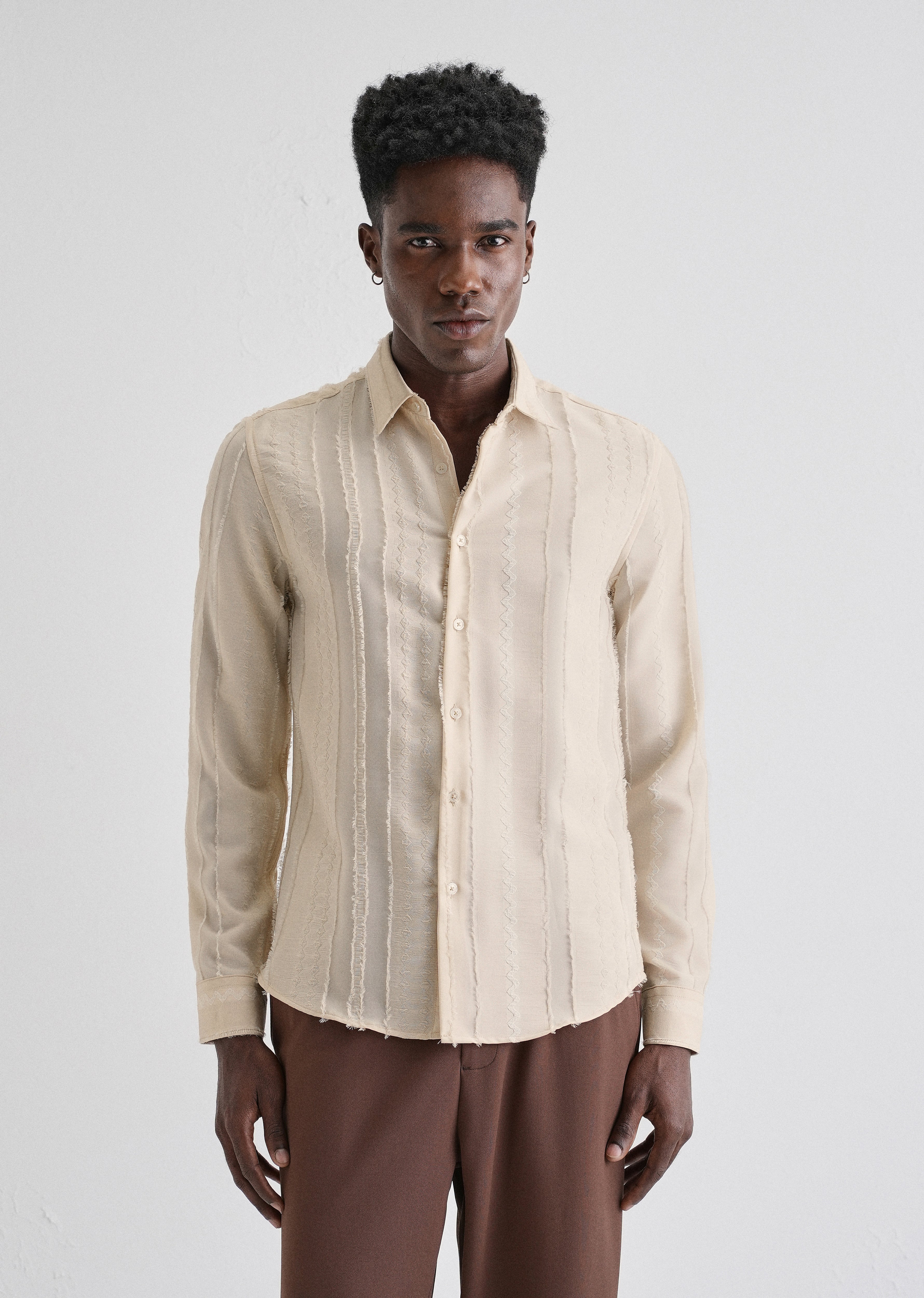 Beige Vertical Chevron Striped Shirt