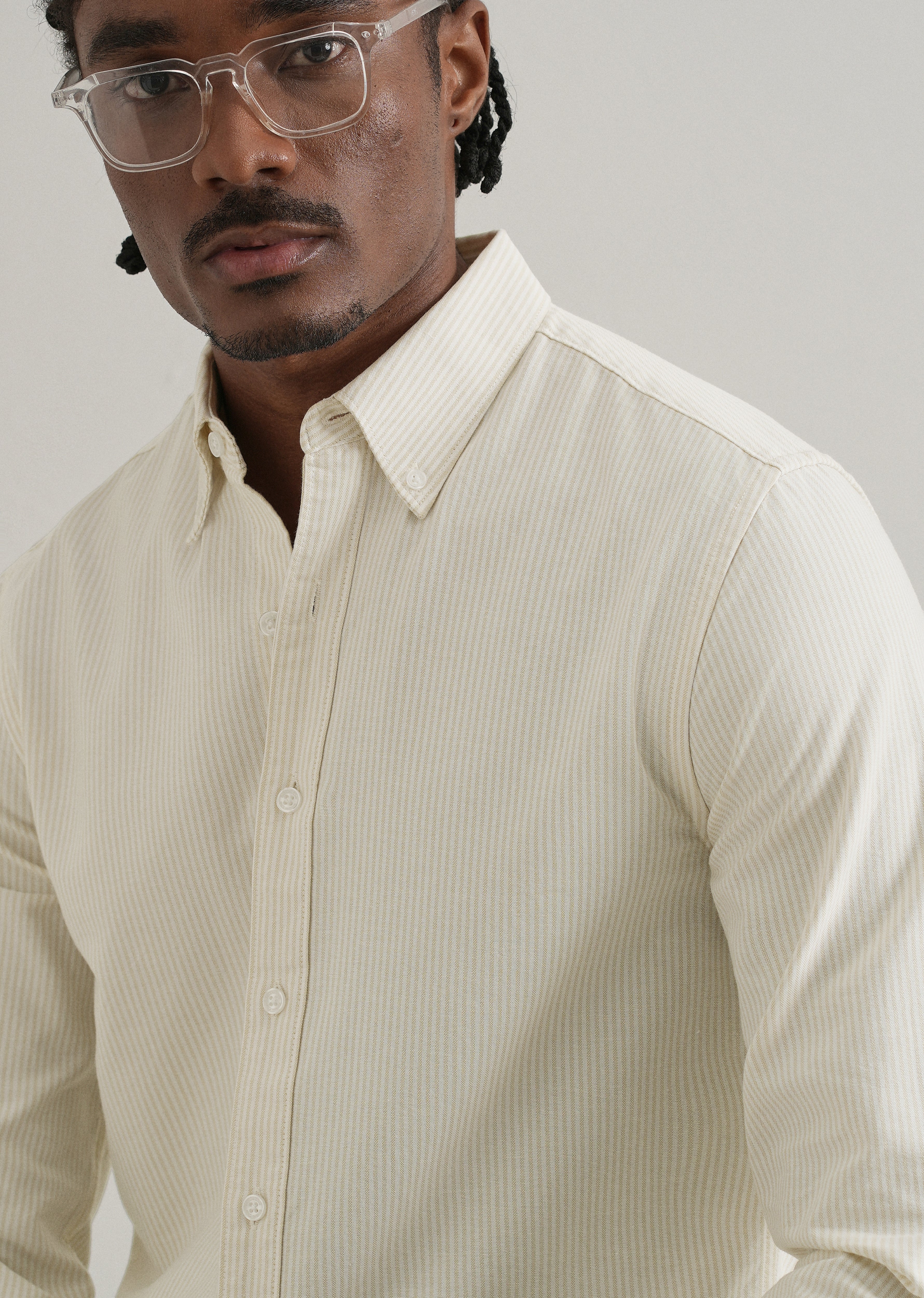 Beige Vertical Striped Cotton Shirt
