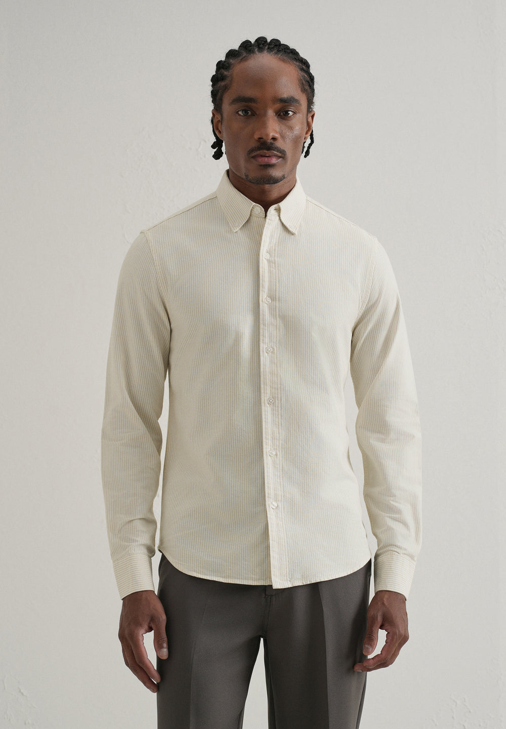 Beige Vertical Striped Cotton Shirt