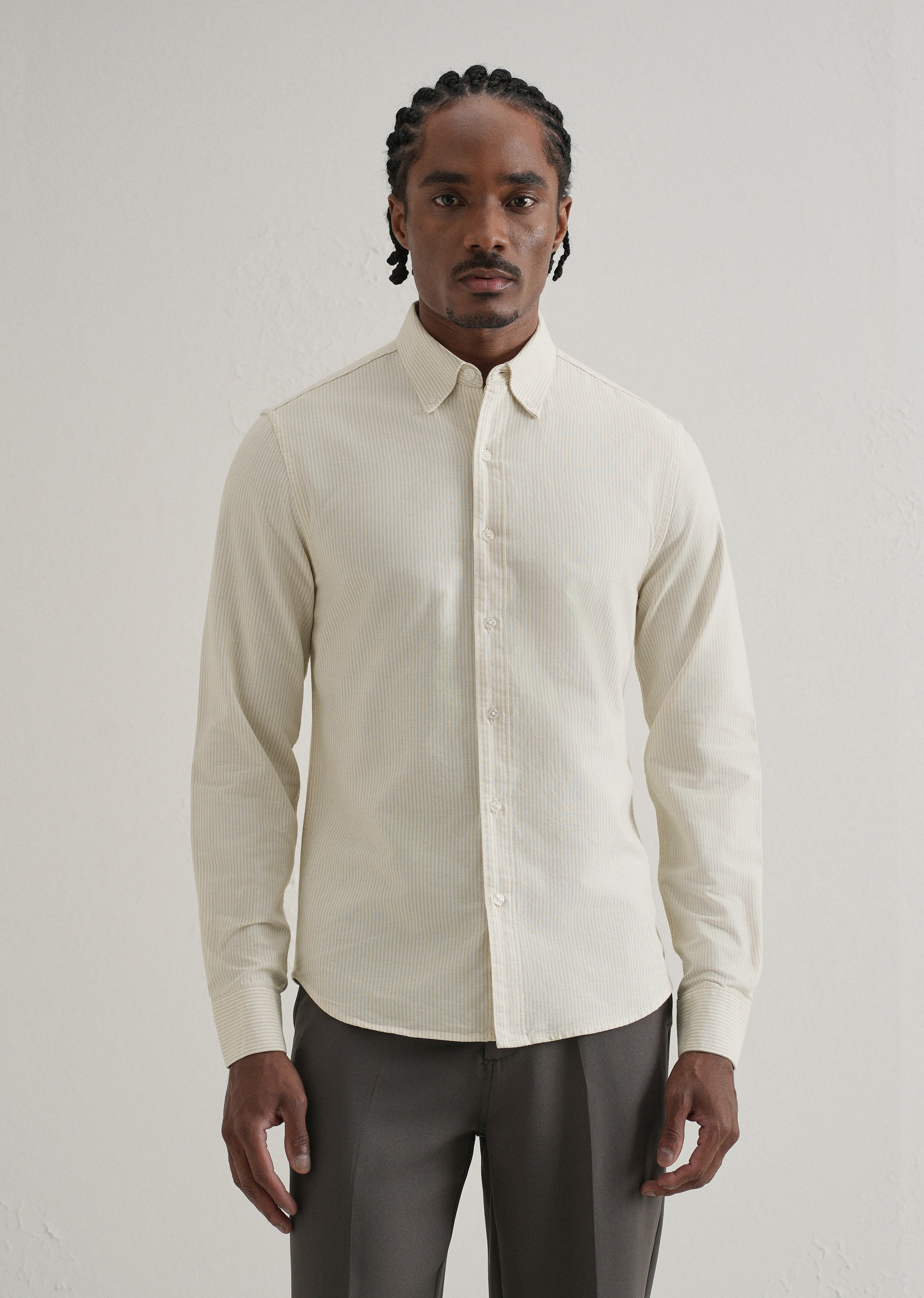 Beige Vertical Striped Cotton Shirt