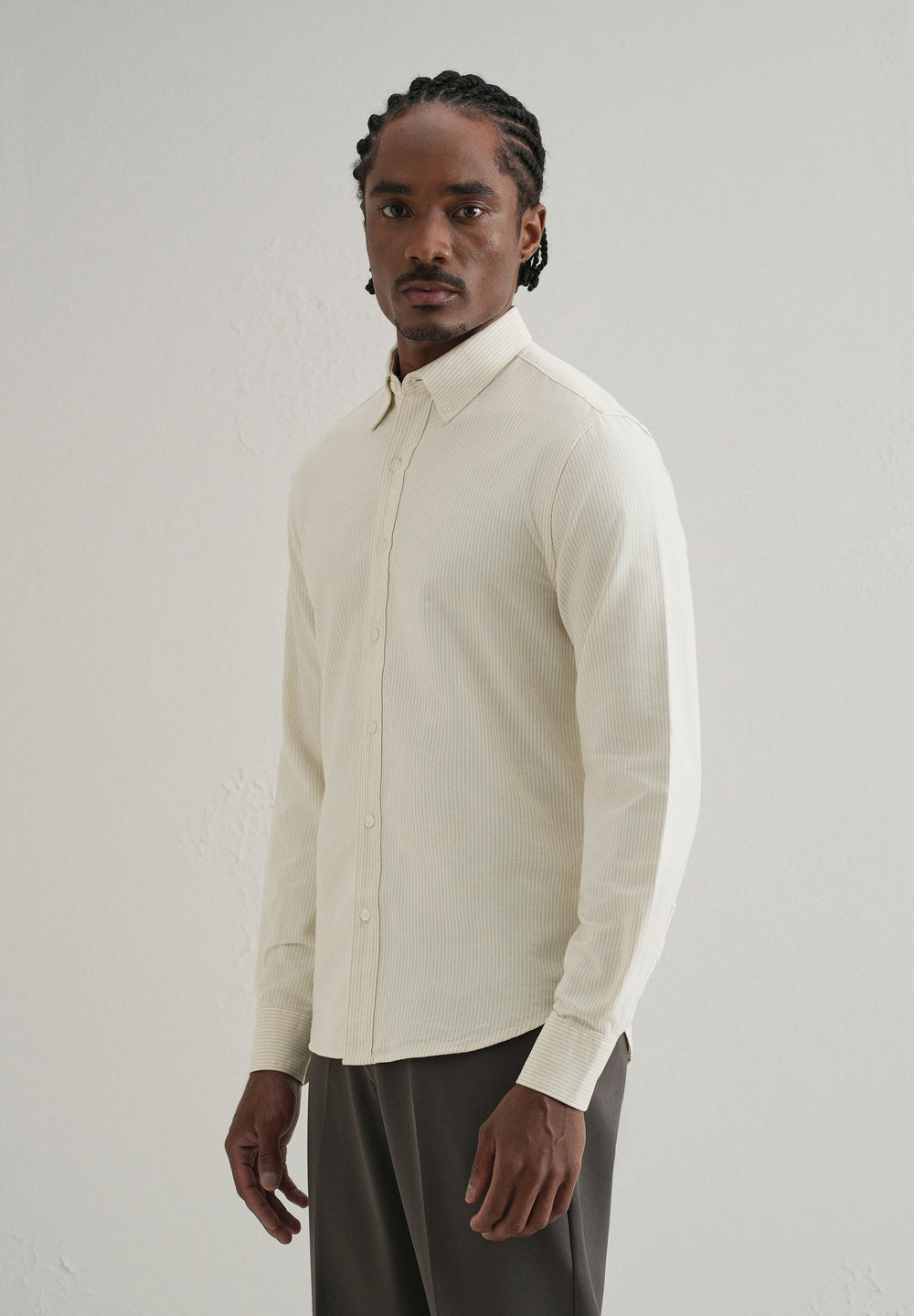 Beige Vertical Striped Cotton Shirt