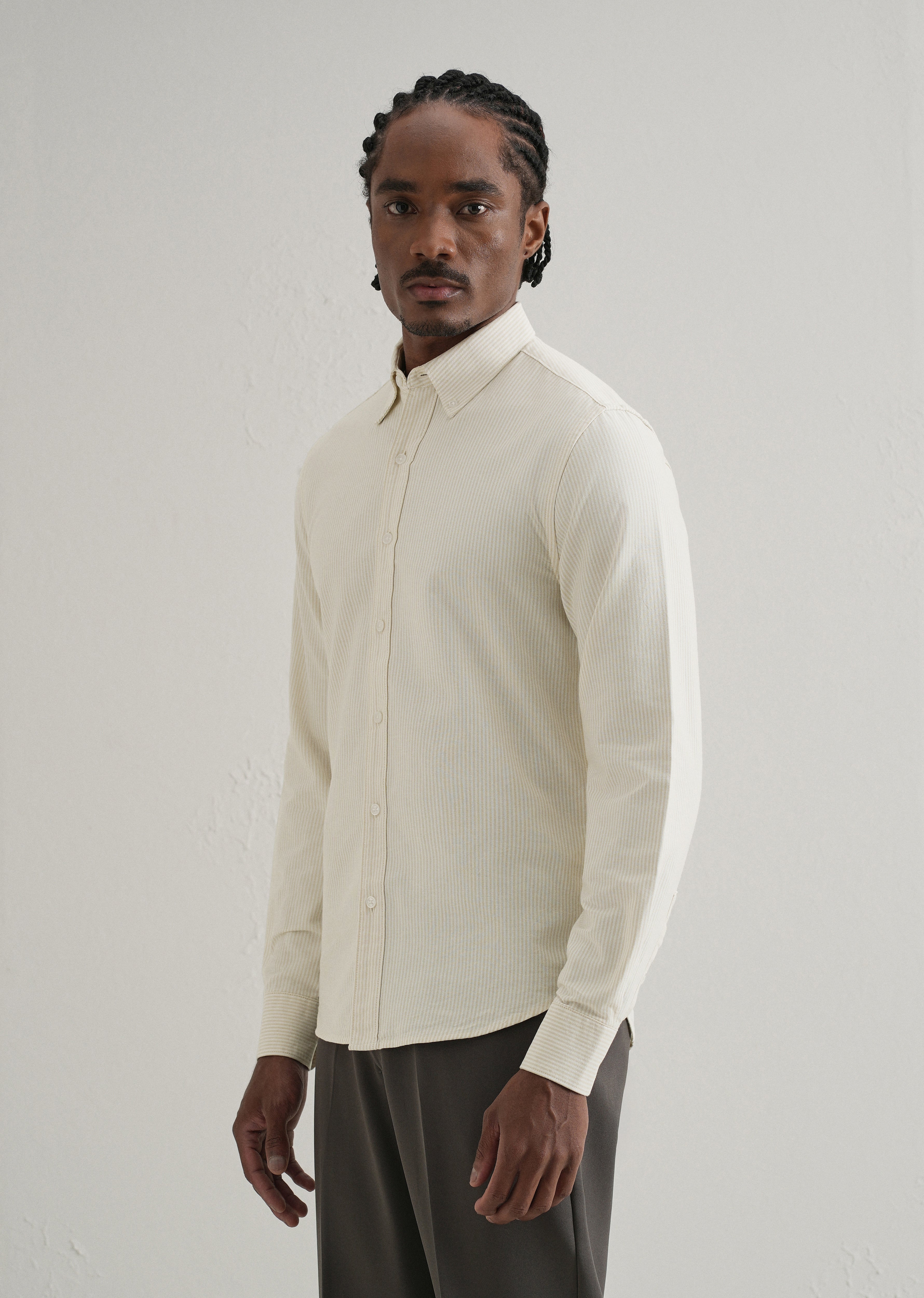 Beige Vertical Striped Cotton Shirt