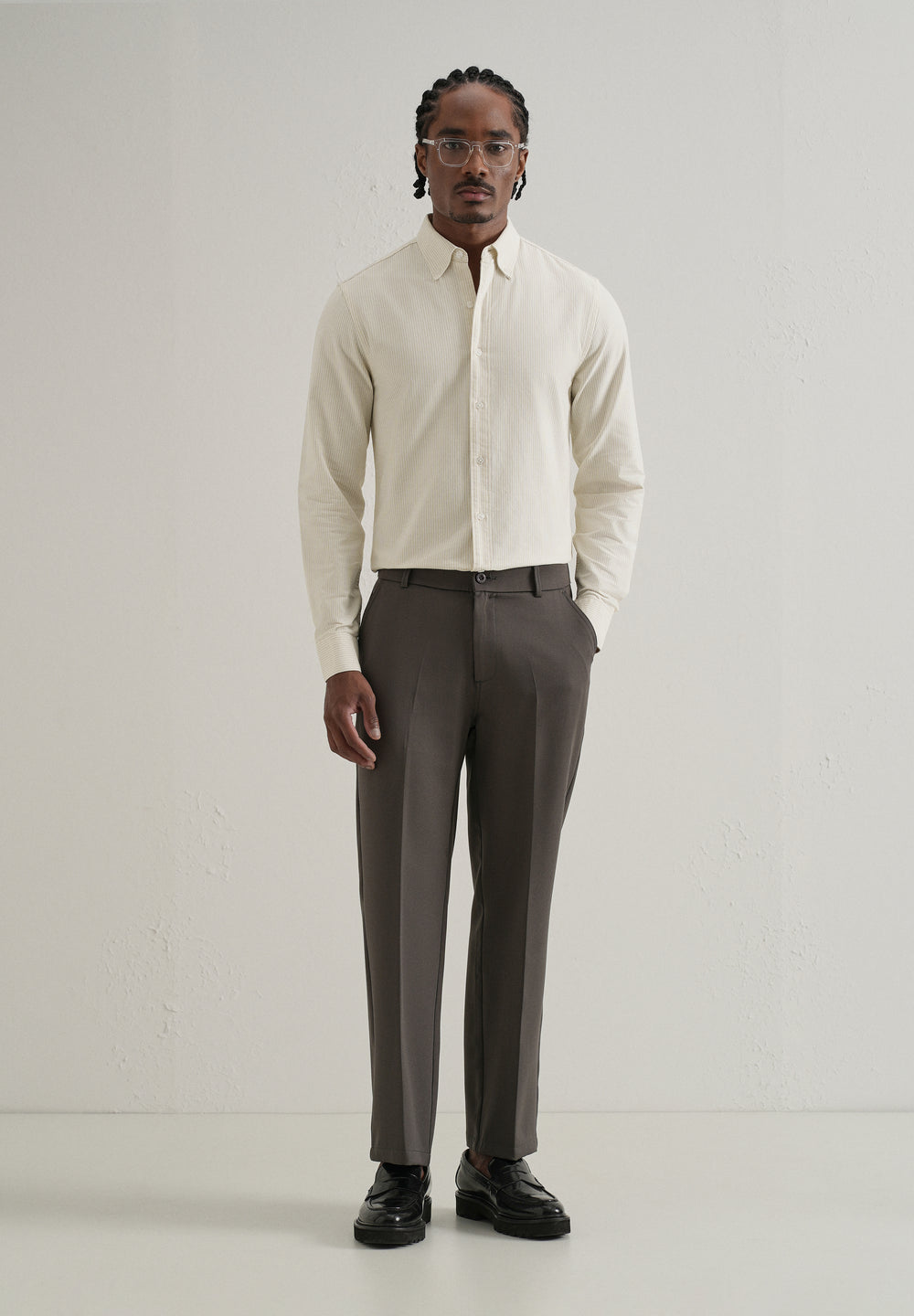 Beige Vertical Striped Cotton Shirt