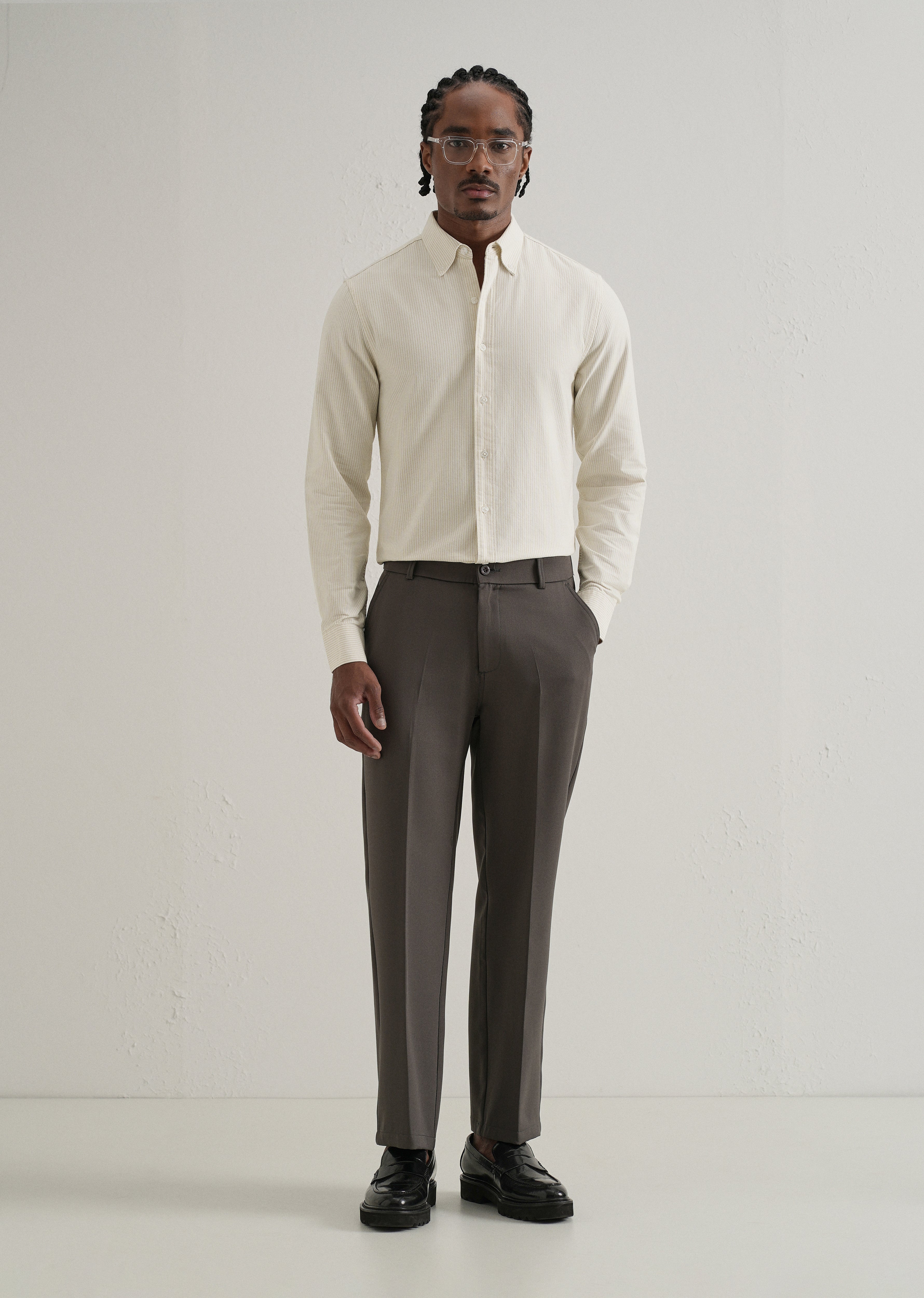 Beige Vertical Striped Cotton Shirt