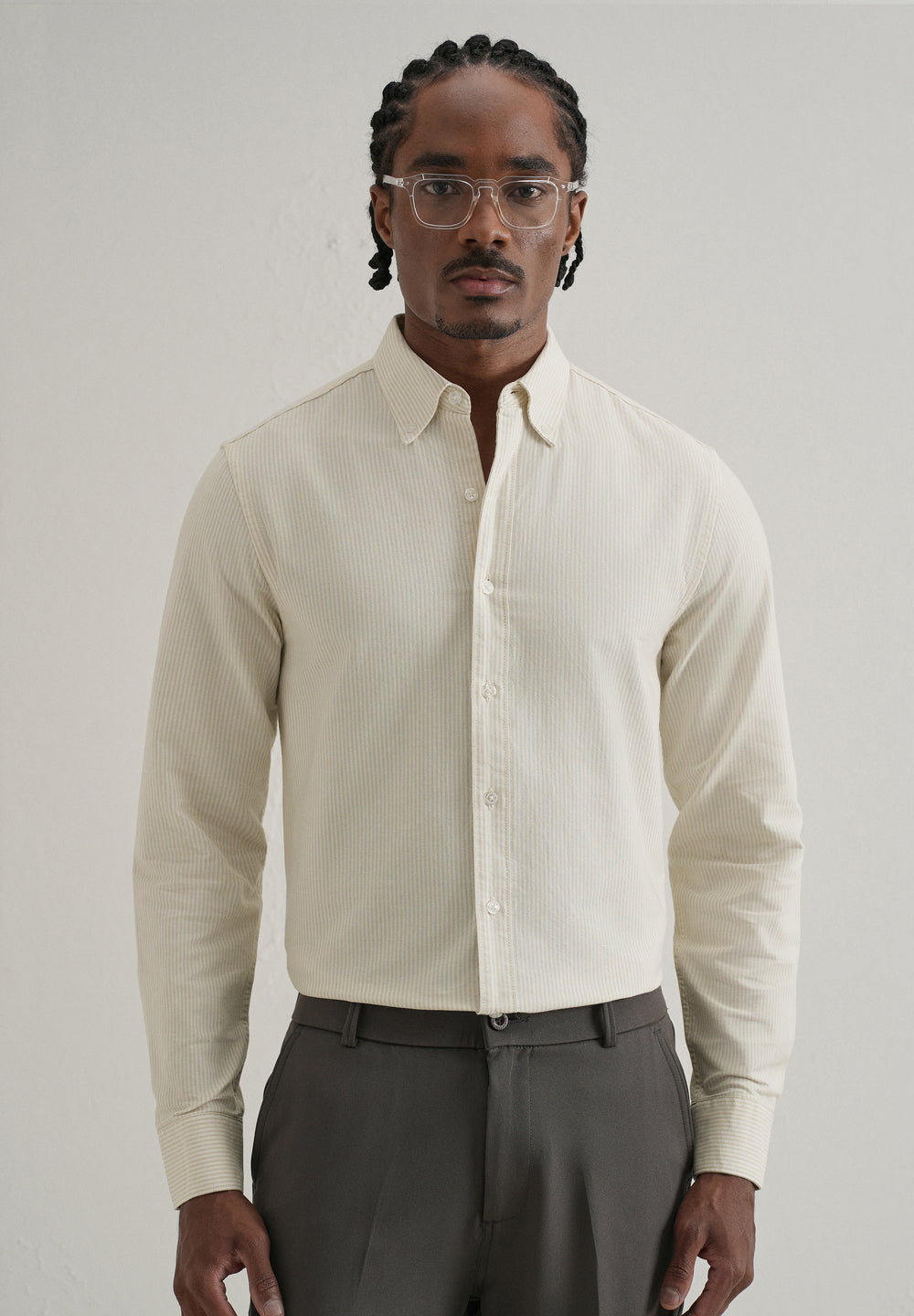 Beige Vertical Striped Cotton Shirt