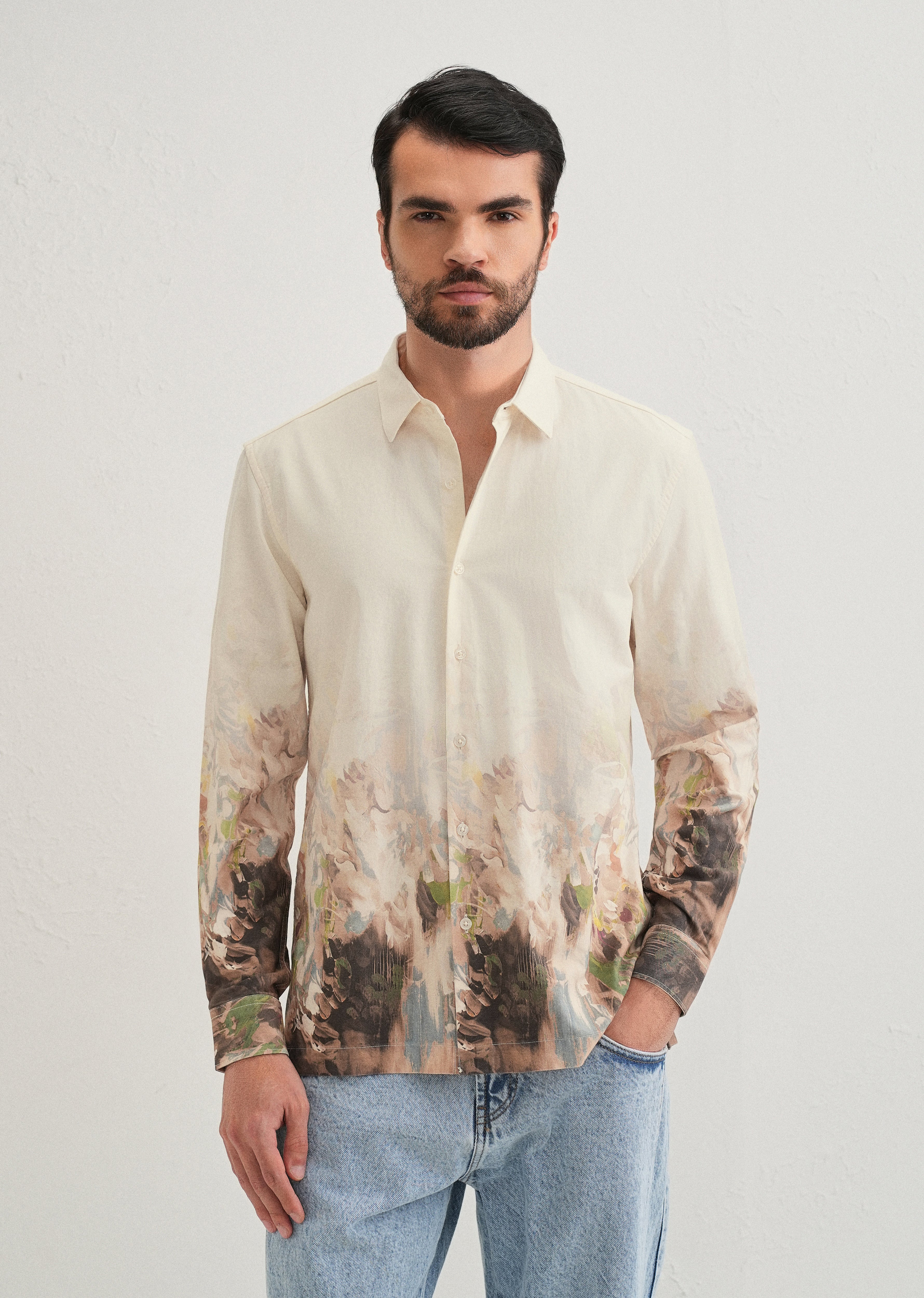 Beige Blue Abstract Printed Shirt