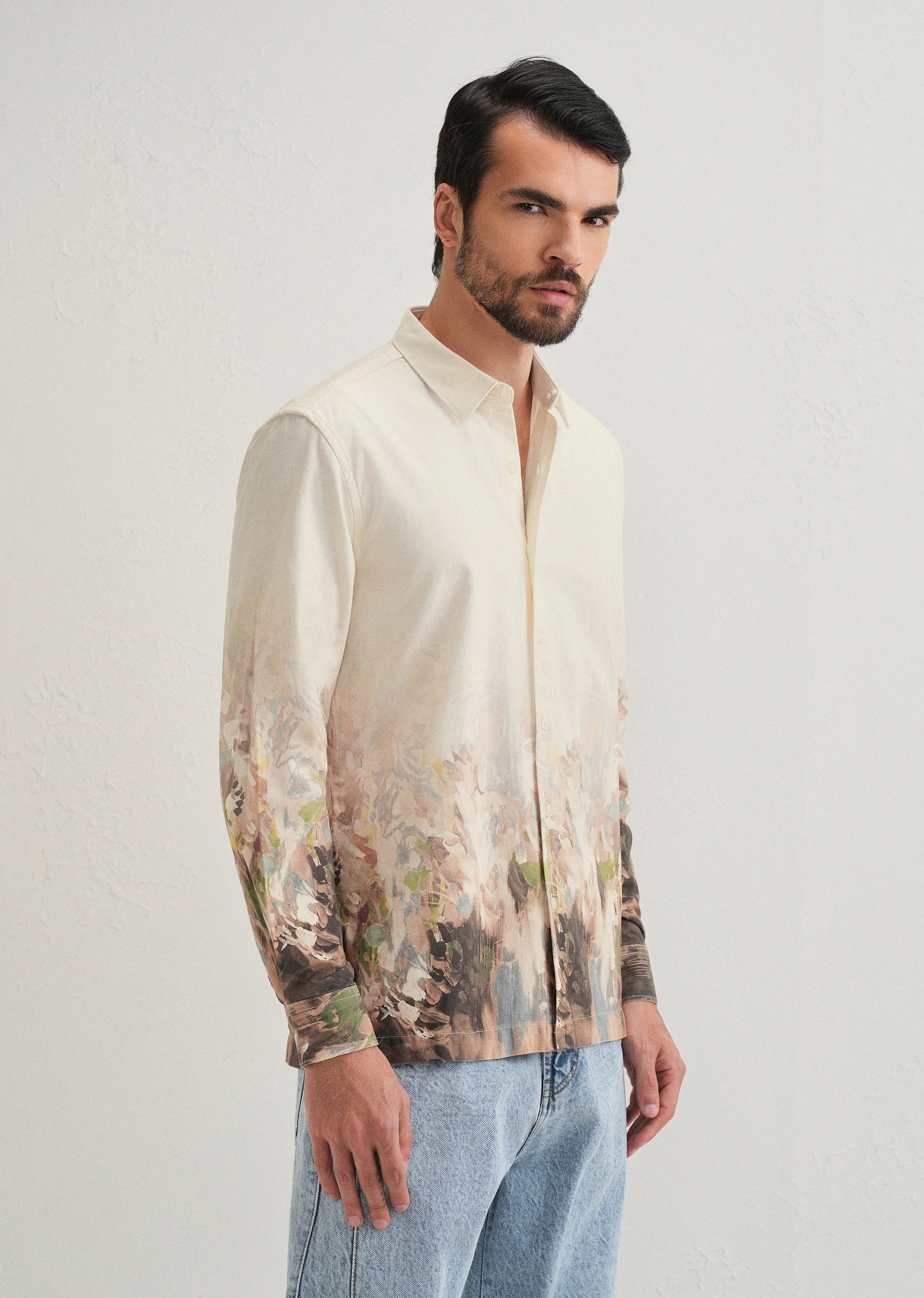 Beige Blue Abstract Printed Shirt