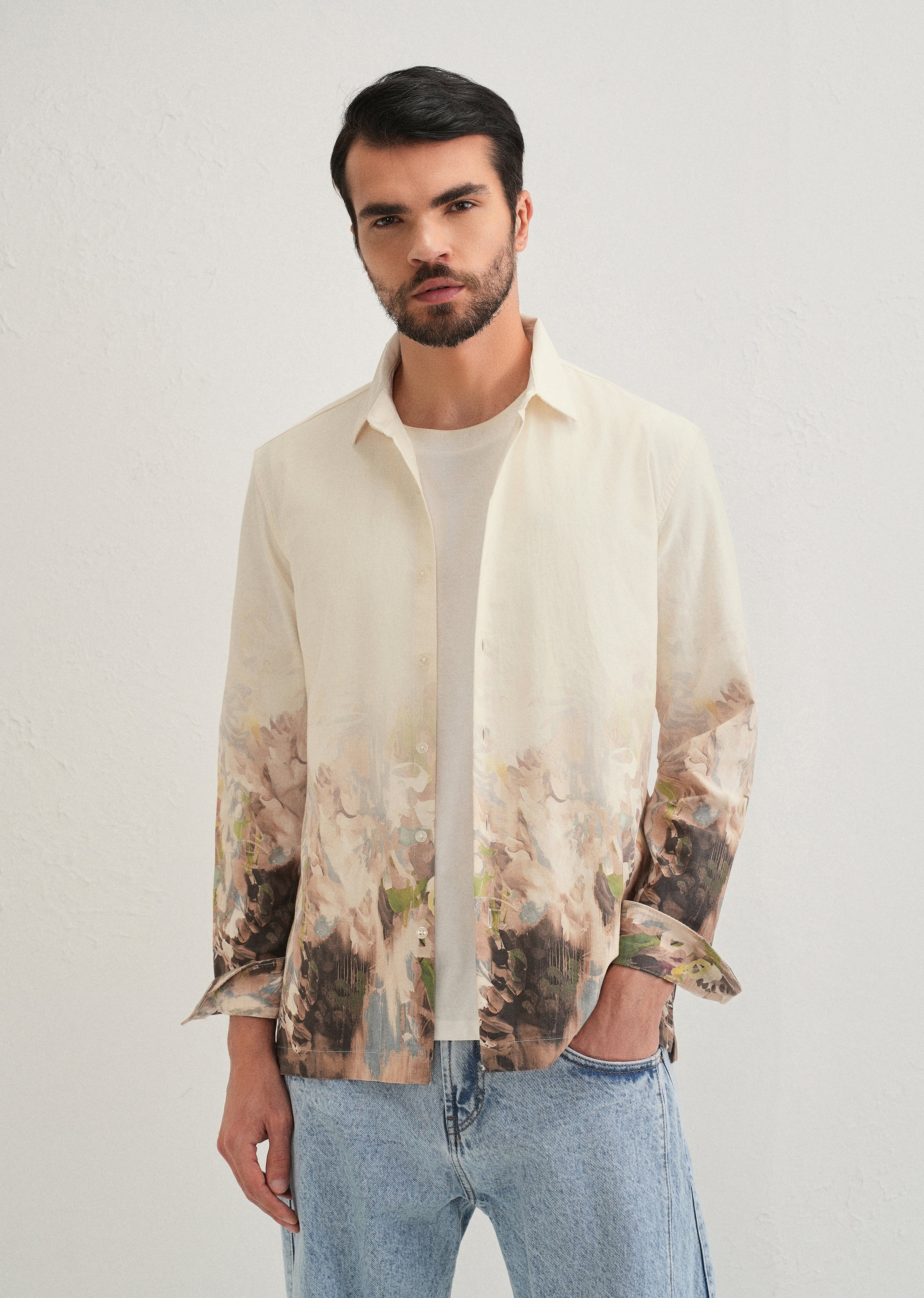 Beige Blue Abstract Printed Shirt