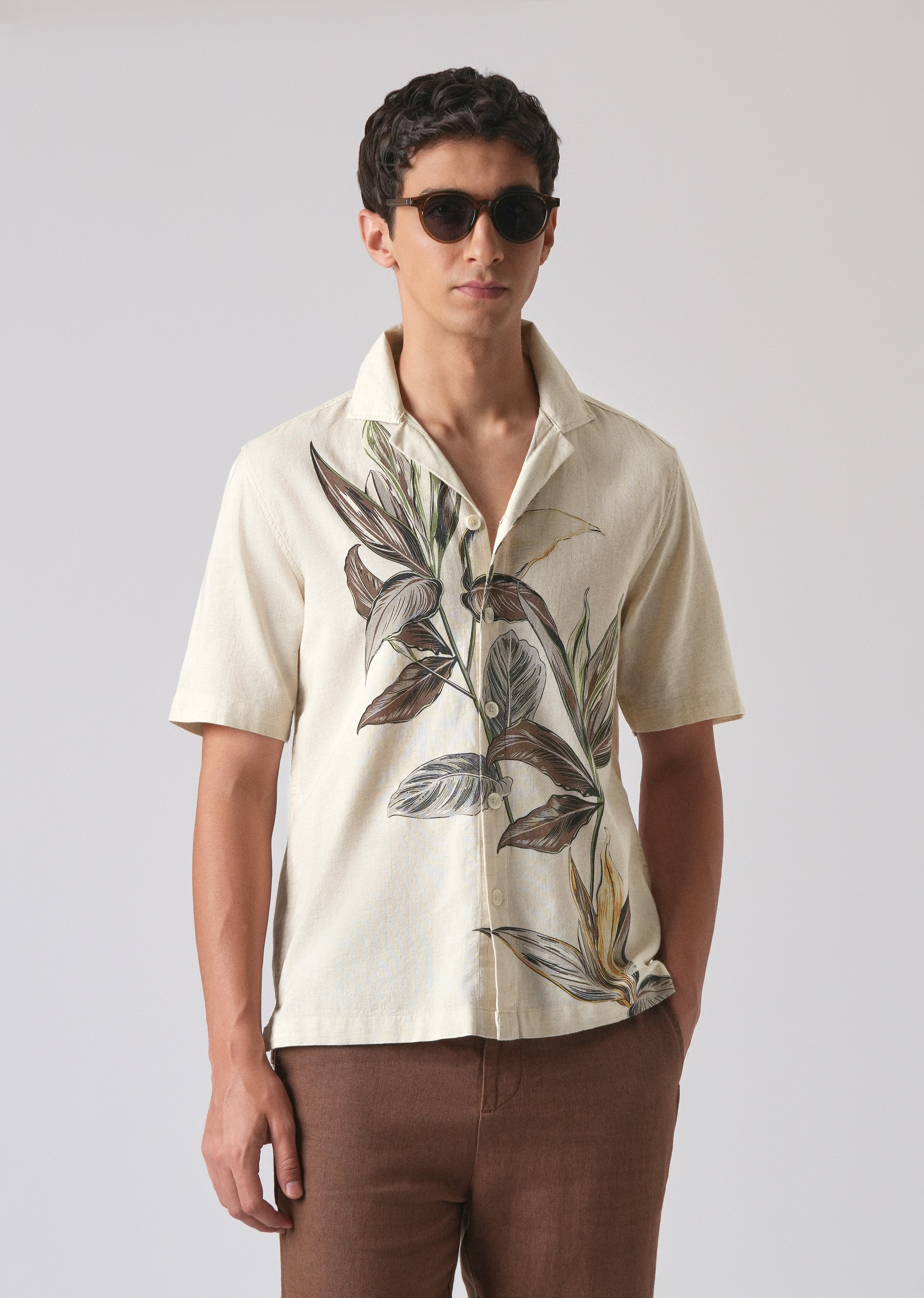 Beige Cotton/Linen Floral Print Shirt