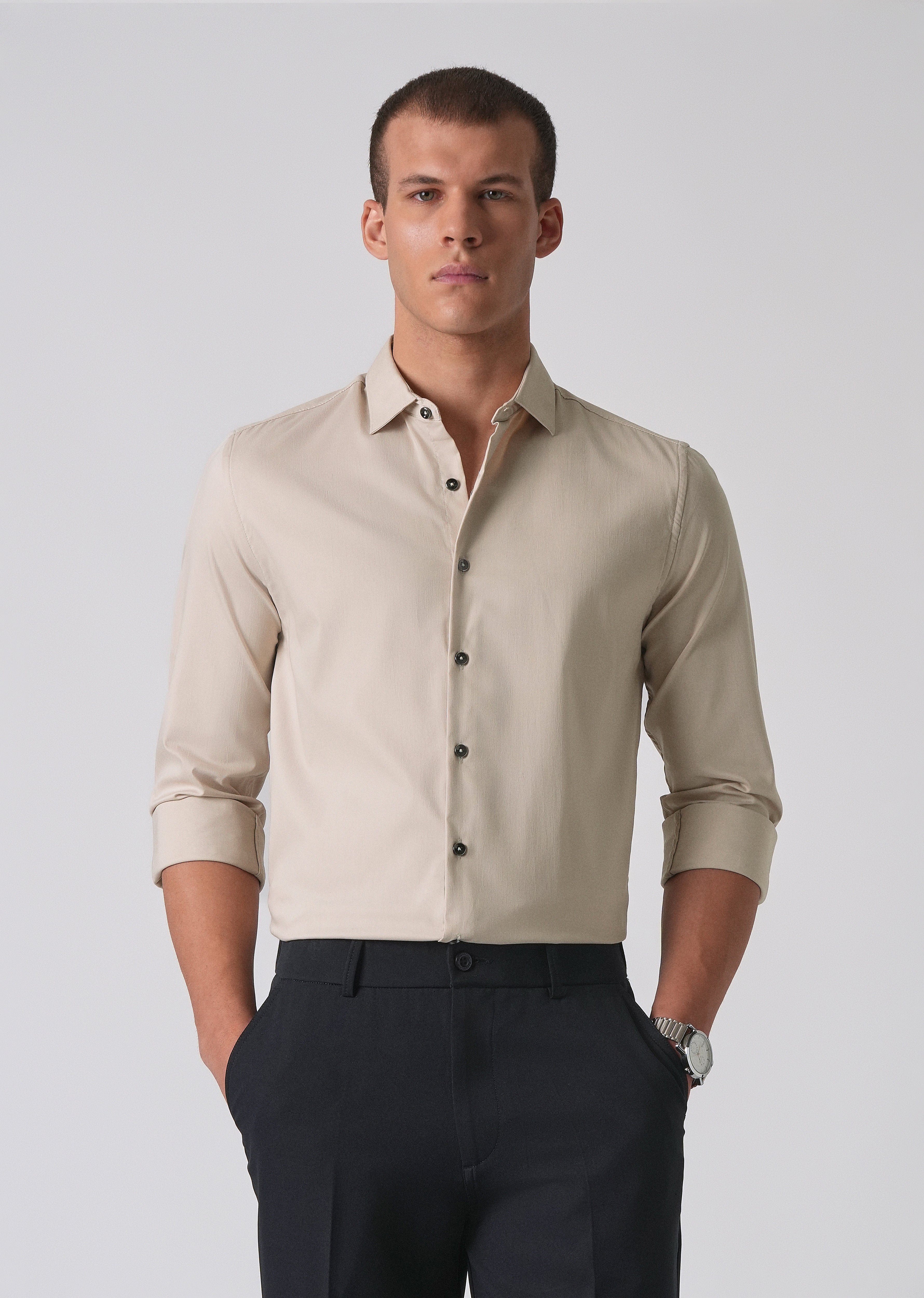 Beige Cotton Stretch Plain Shirt