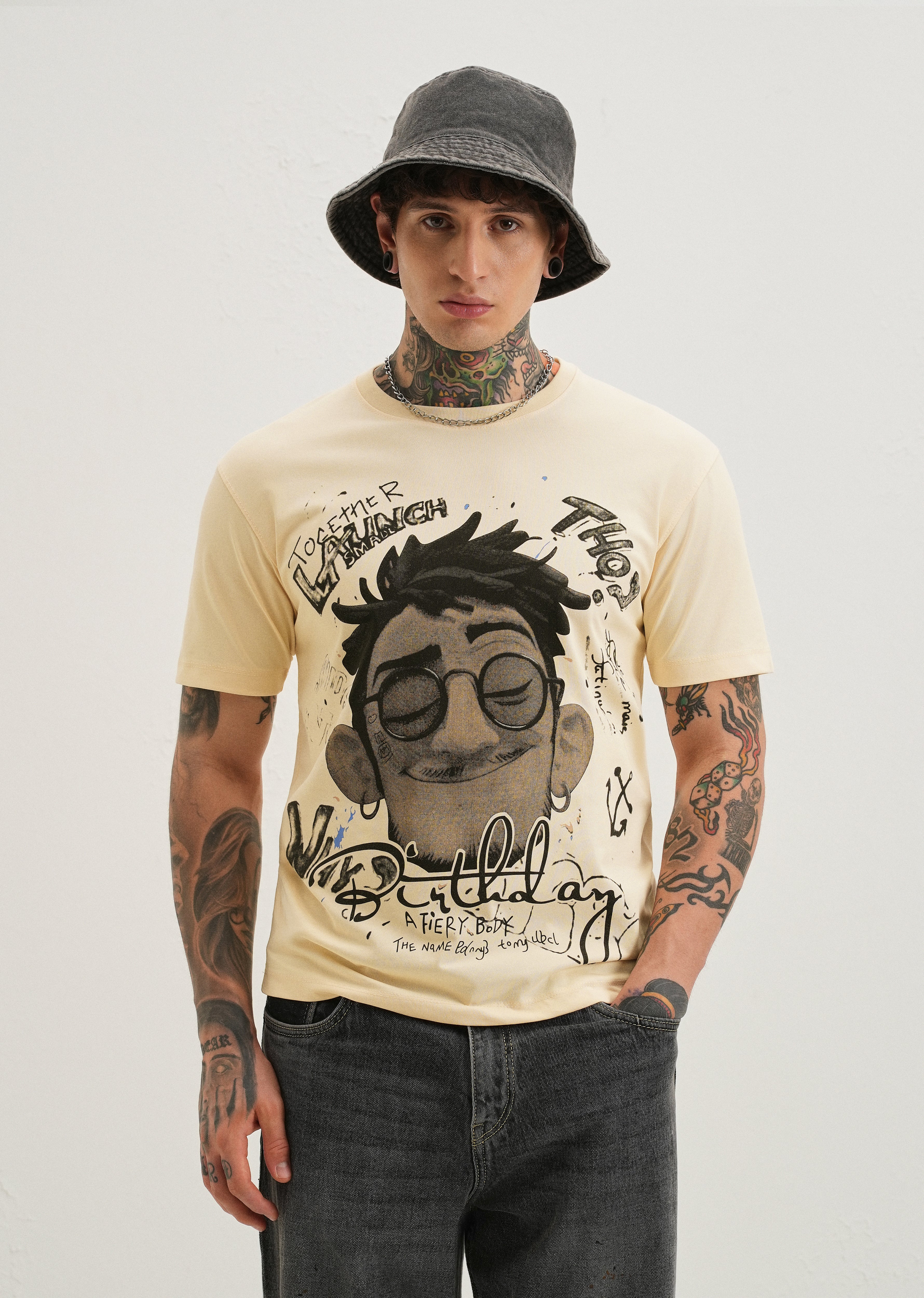 Beige Graphic Printed T-shirt