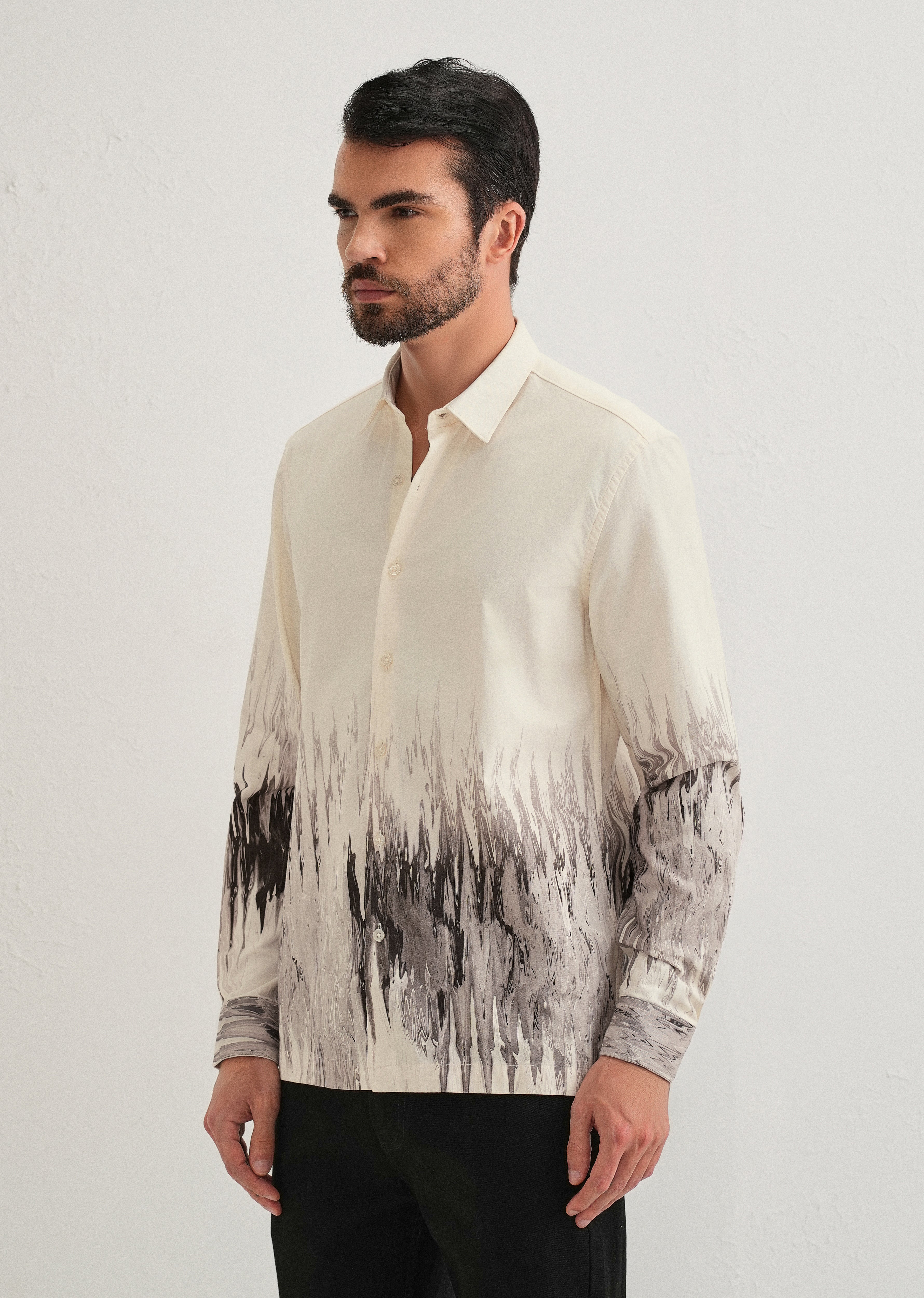 Beige Grey Ripple Printed Shirt