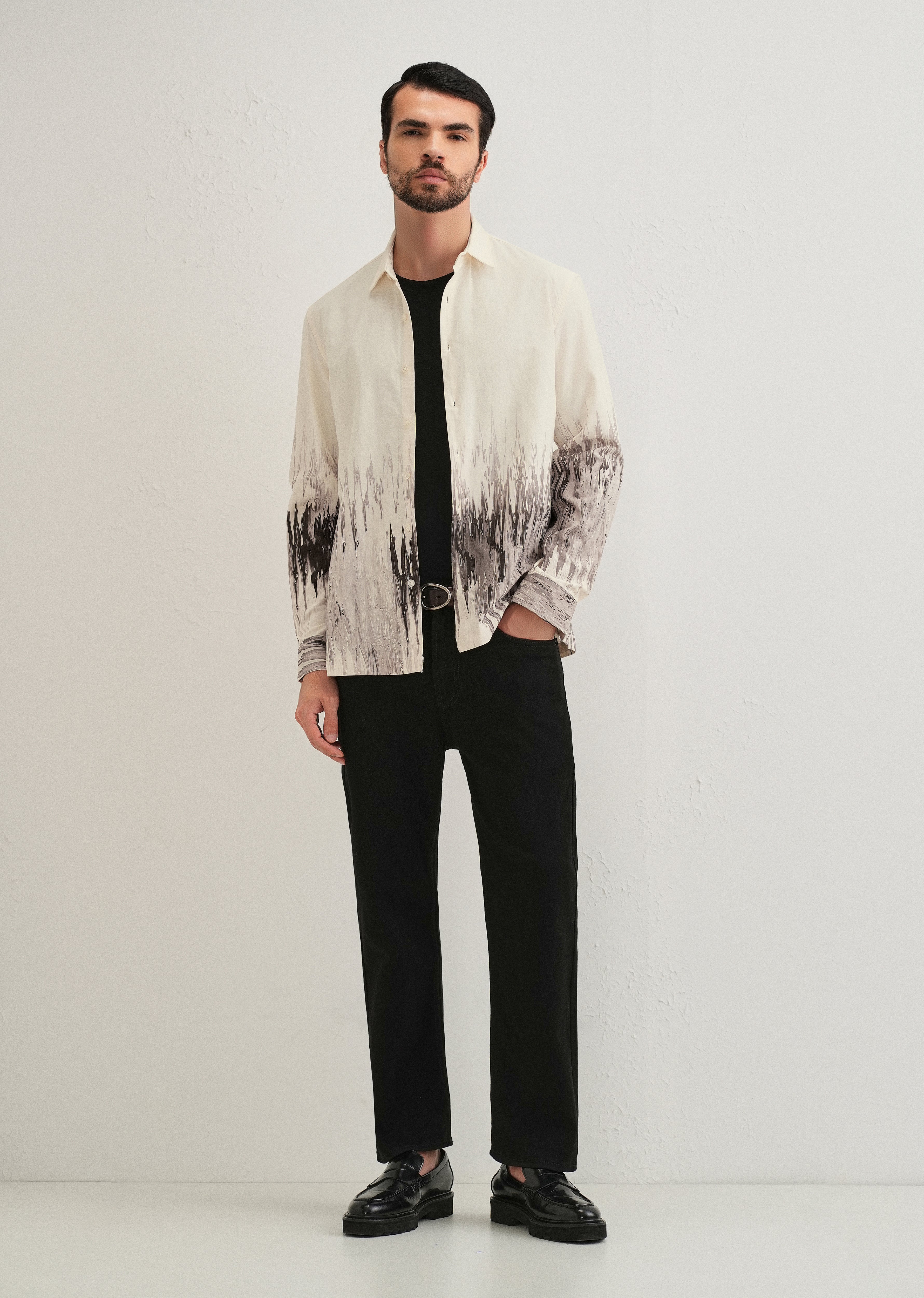 Beige Grey Ripple Printed Shirt