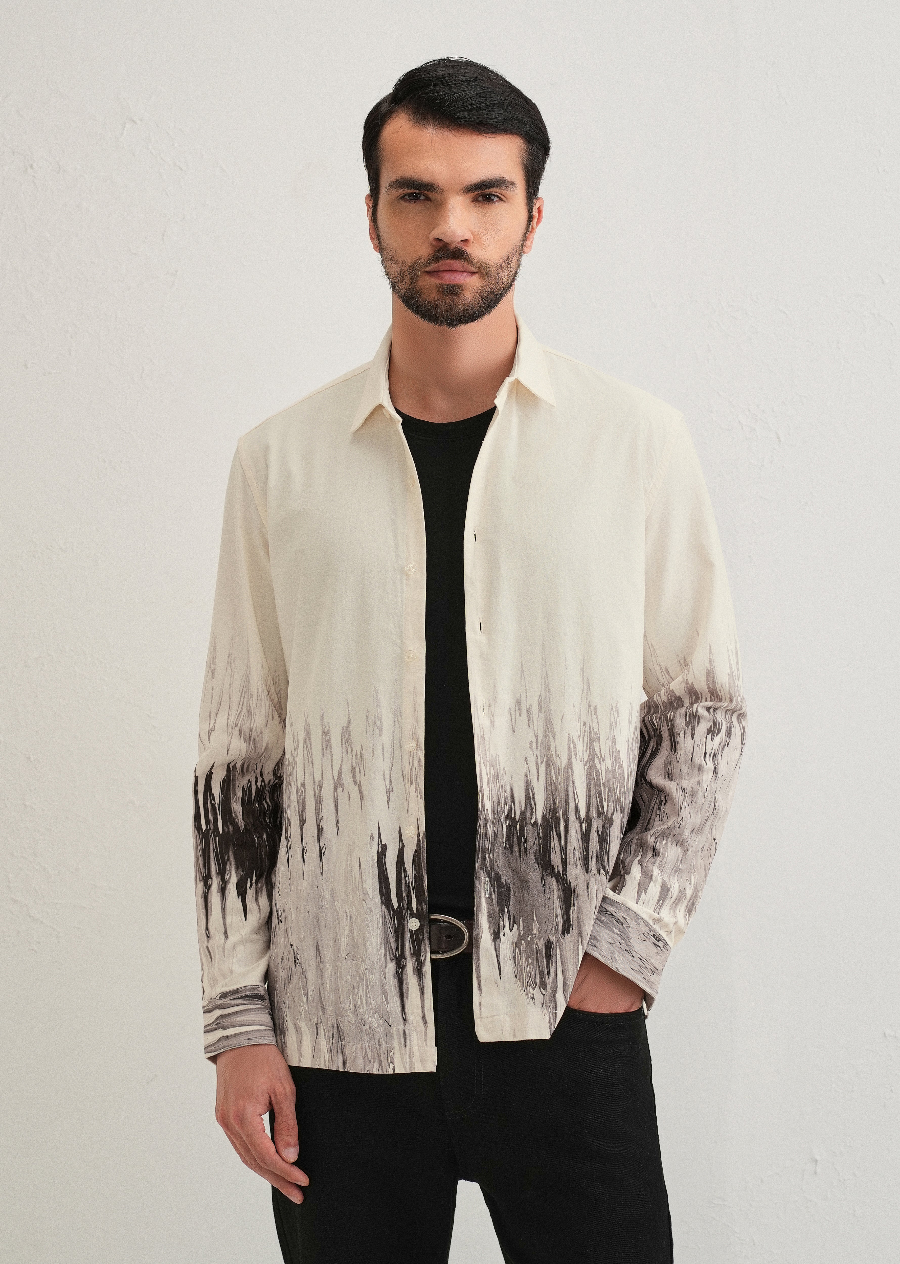 Beige Grey Ripple Printed Shirt