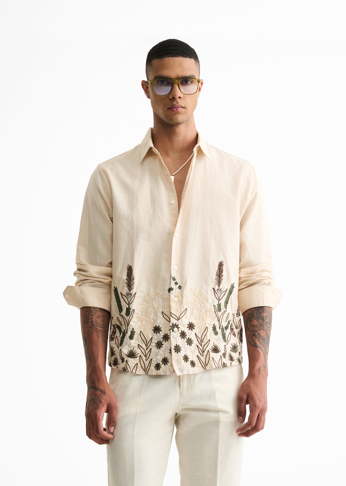 Beige Hem Embroidery Cotton Linen Shirt