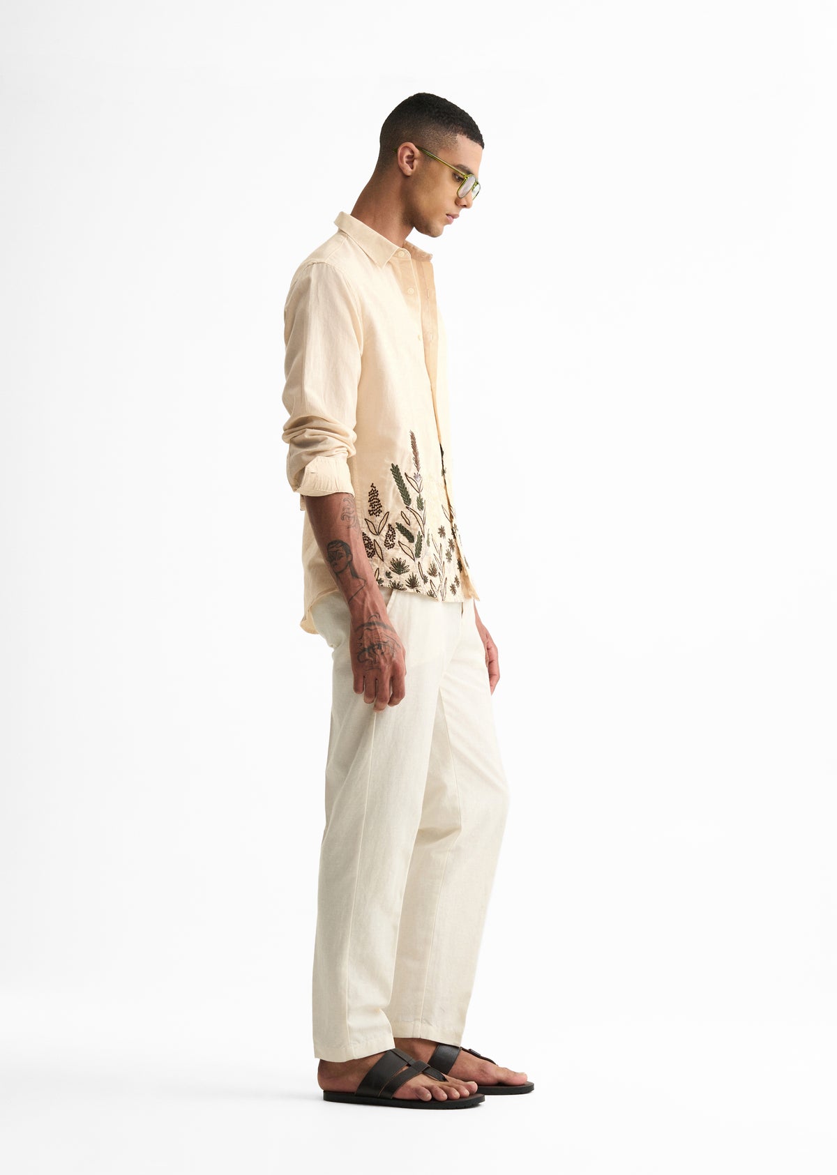 Beige Hem Embroidery Cotton Linen Shirt