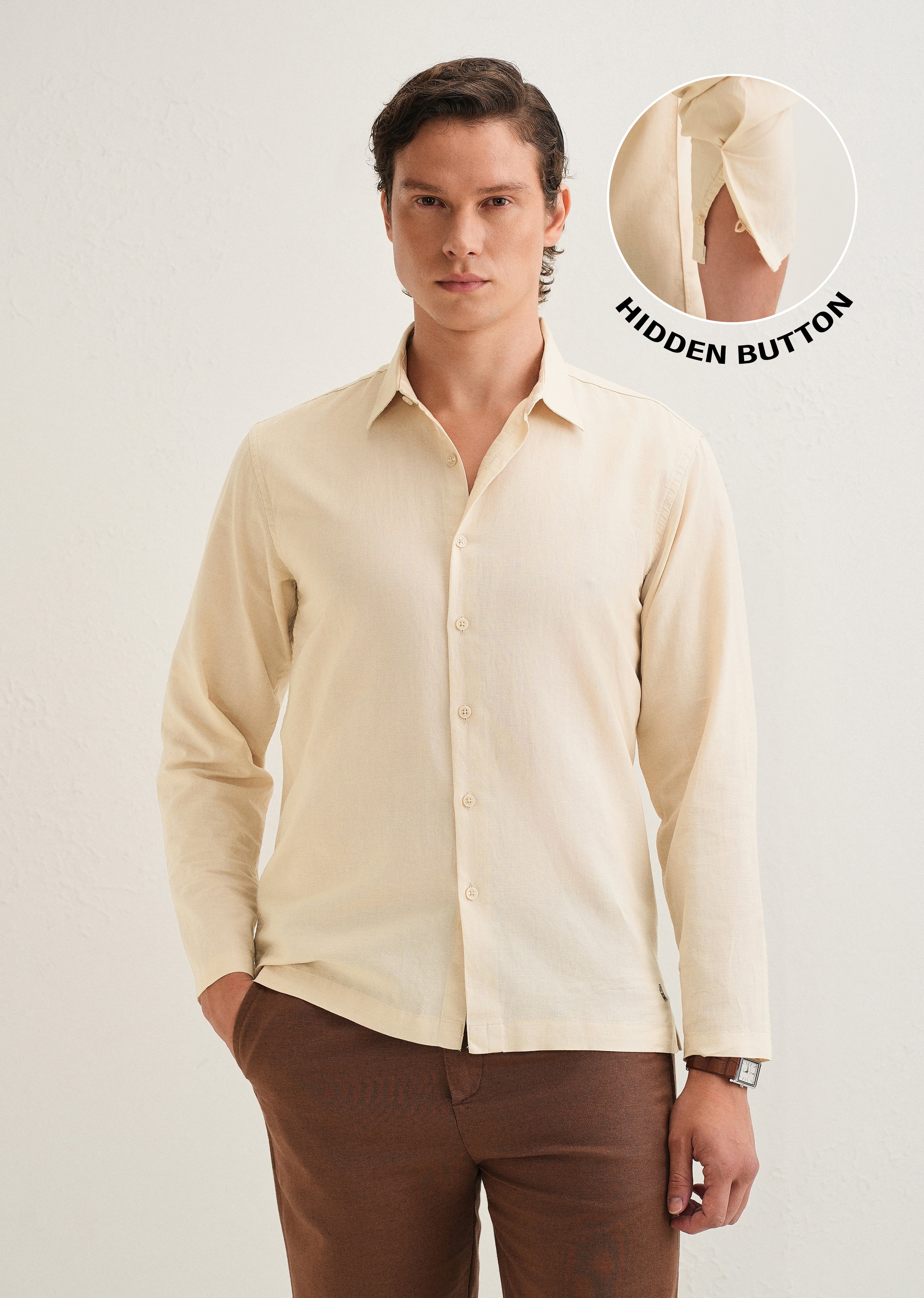 Beige Hidden Sleeve Placket Cotton Linen Shirt