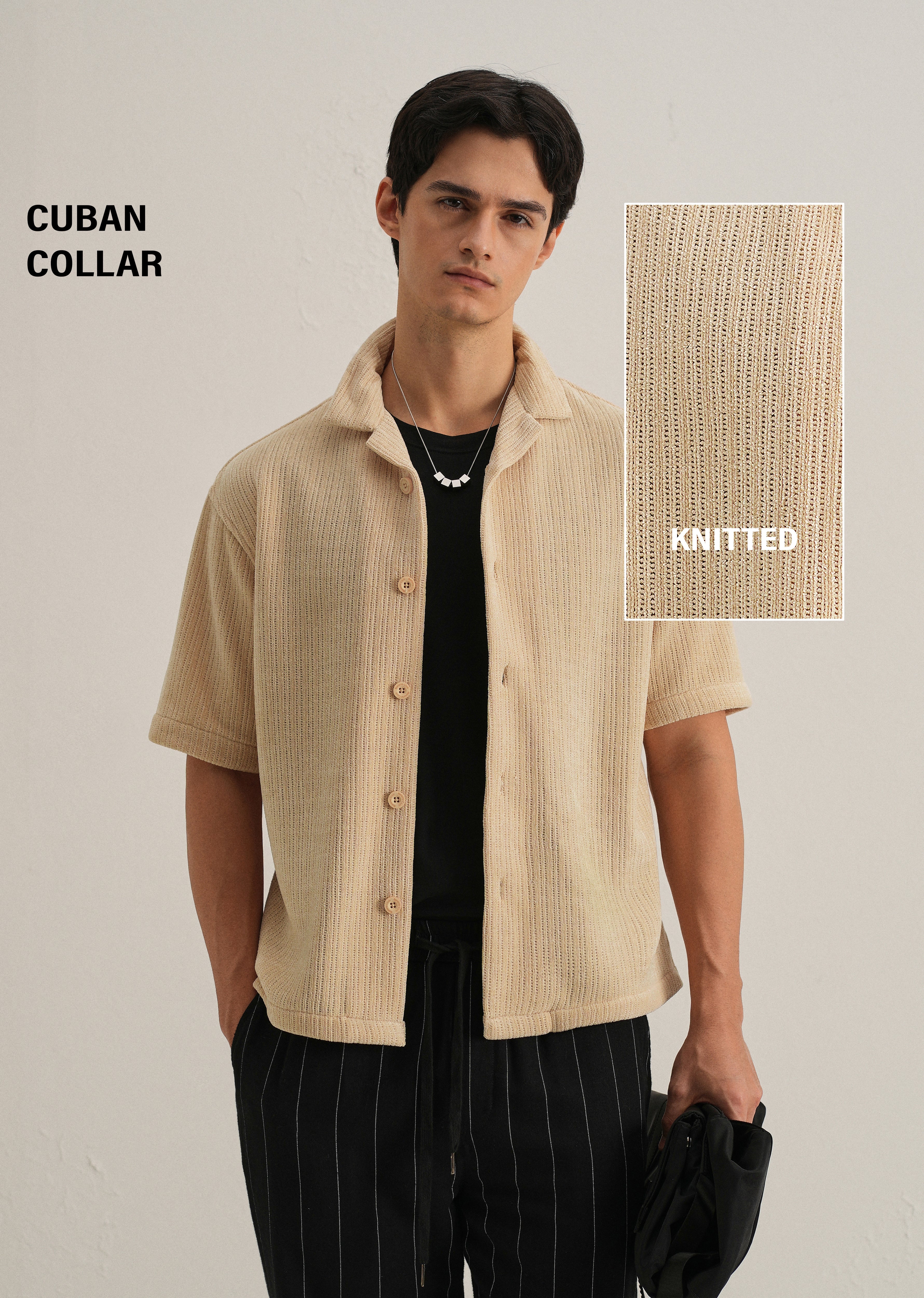 Beige Suede Knit Cuban Collar Shirt