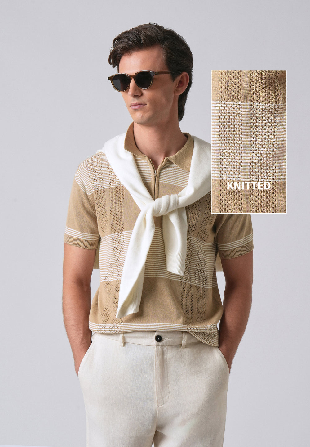 Beige Knitted Polo Zipper T-shirt