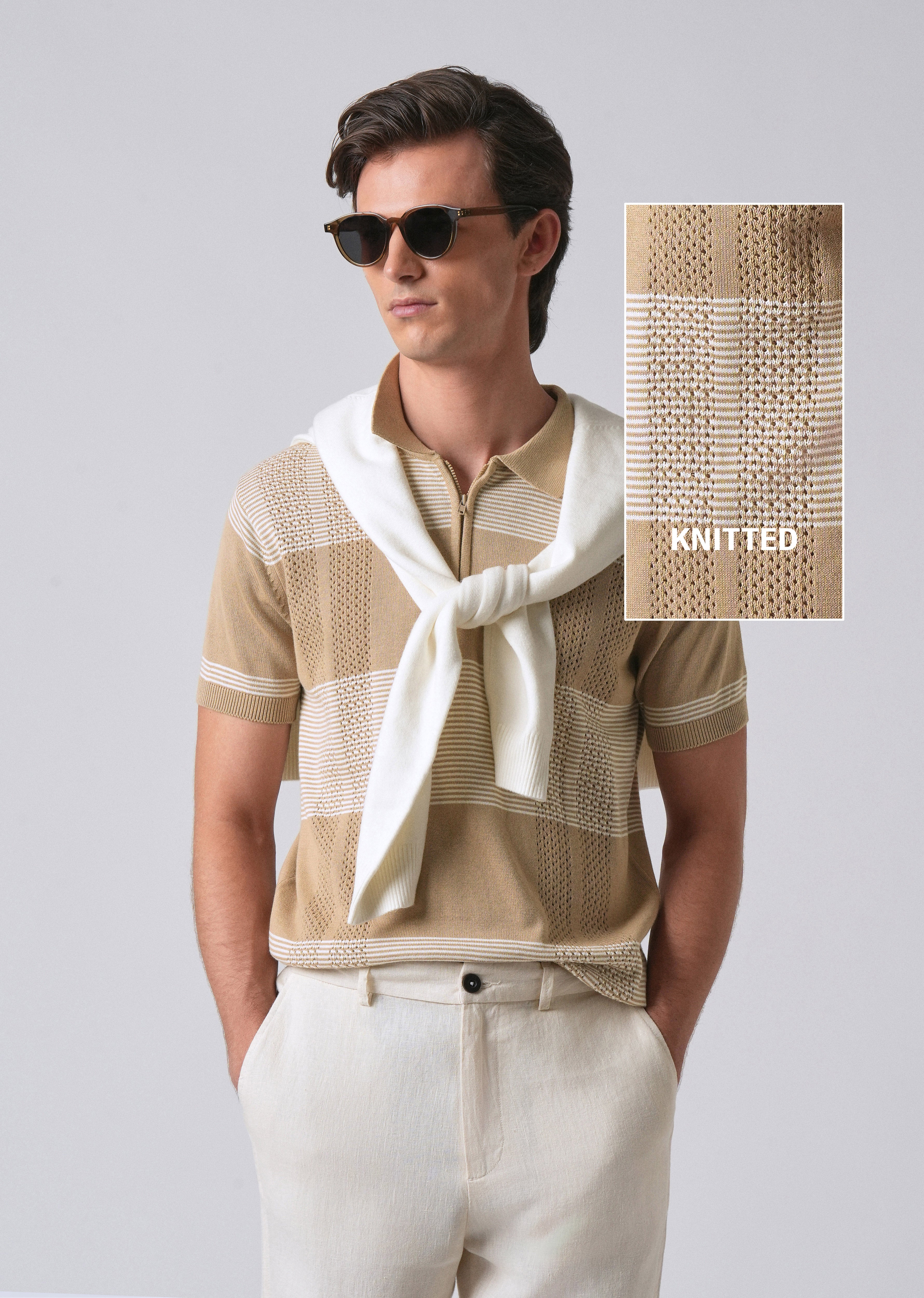 Beige Knitted Polo Zipper T-shirt