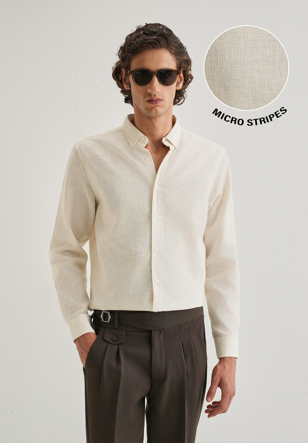 Beige Micro Striped Blended Linen Shirt
