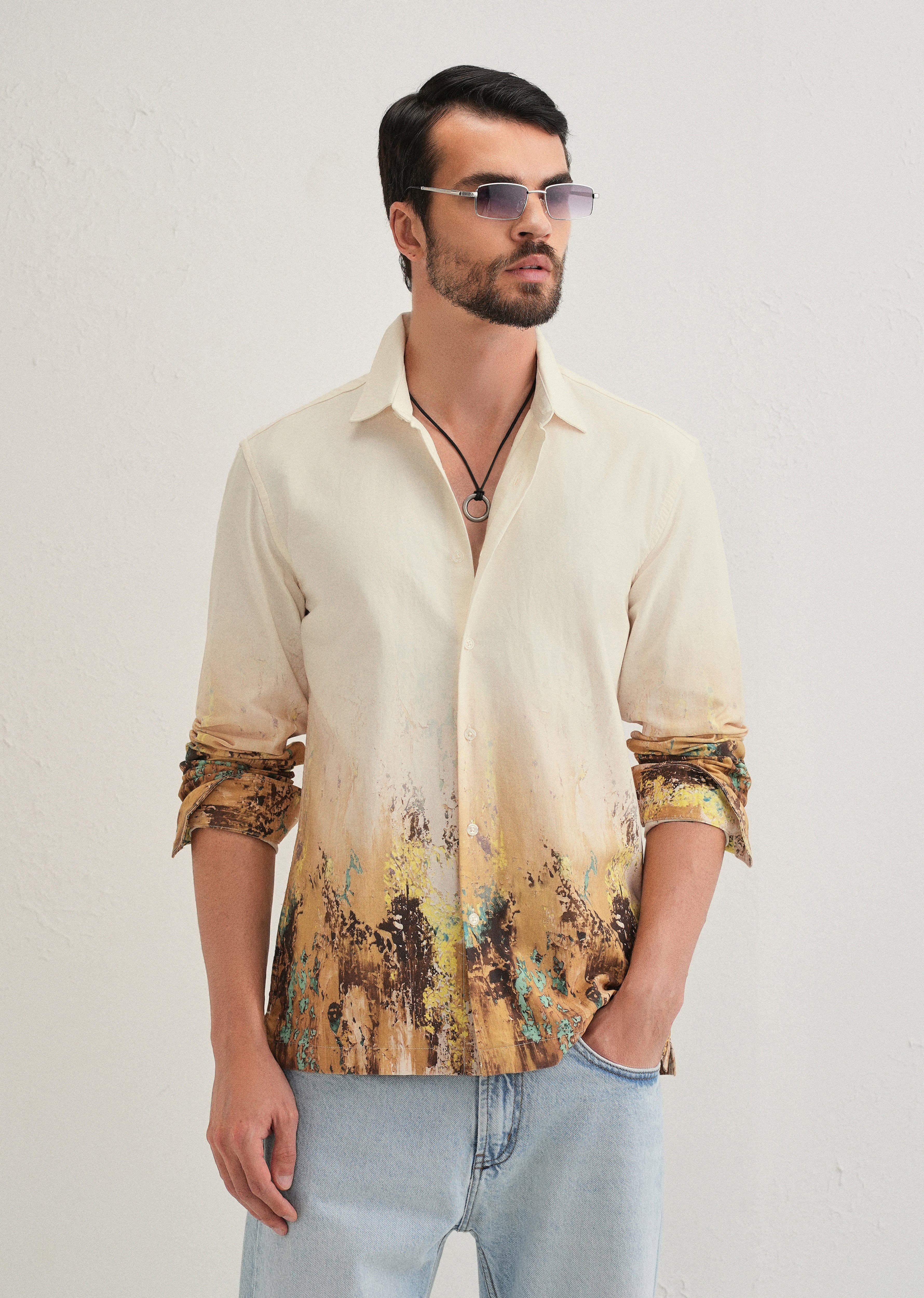 Beige Mustard Paint Printed Shirt