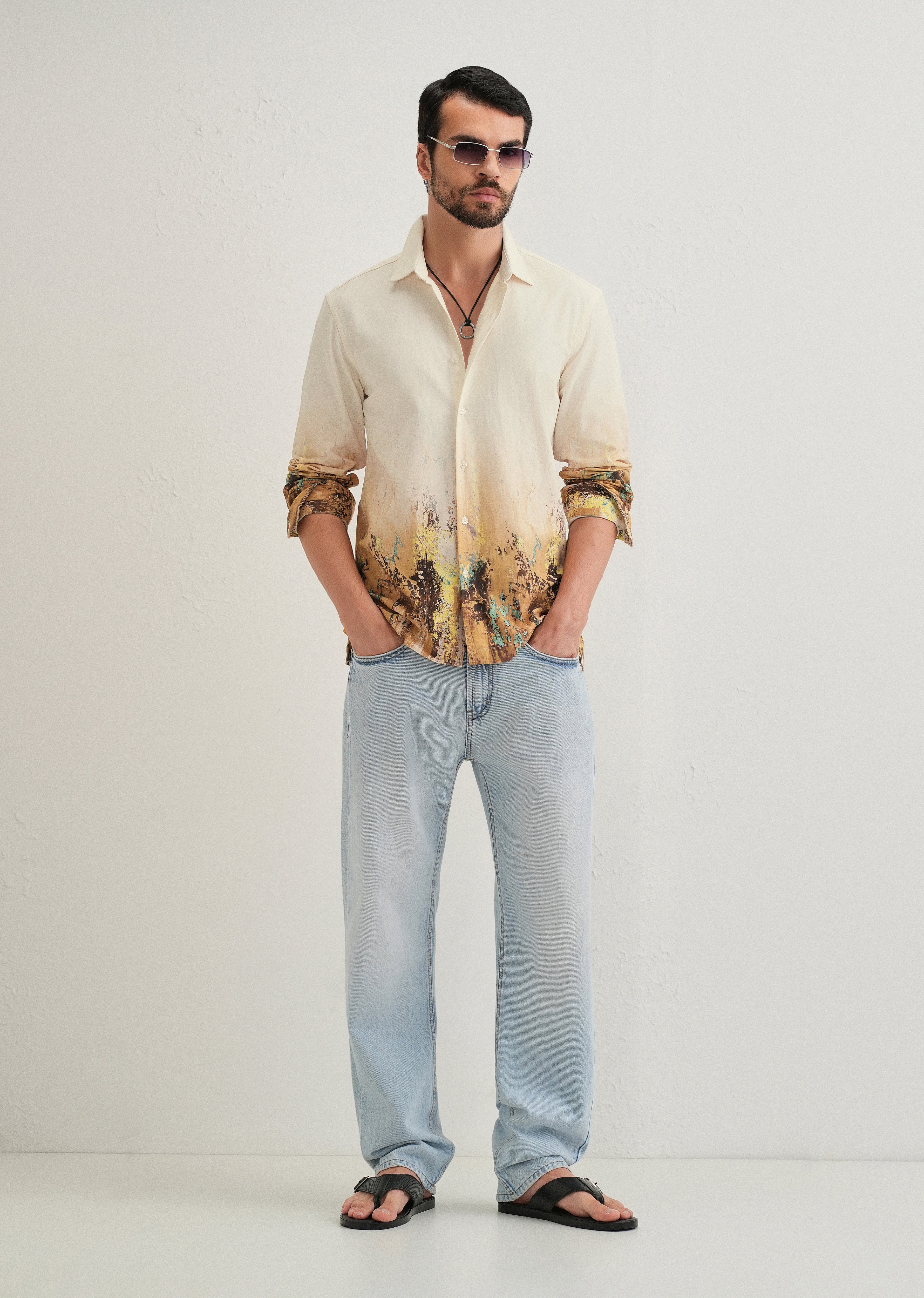 Beige Mustard Paint Printed Shirt