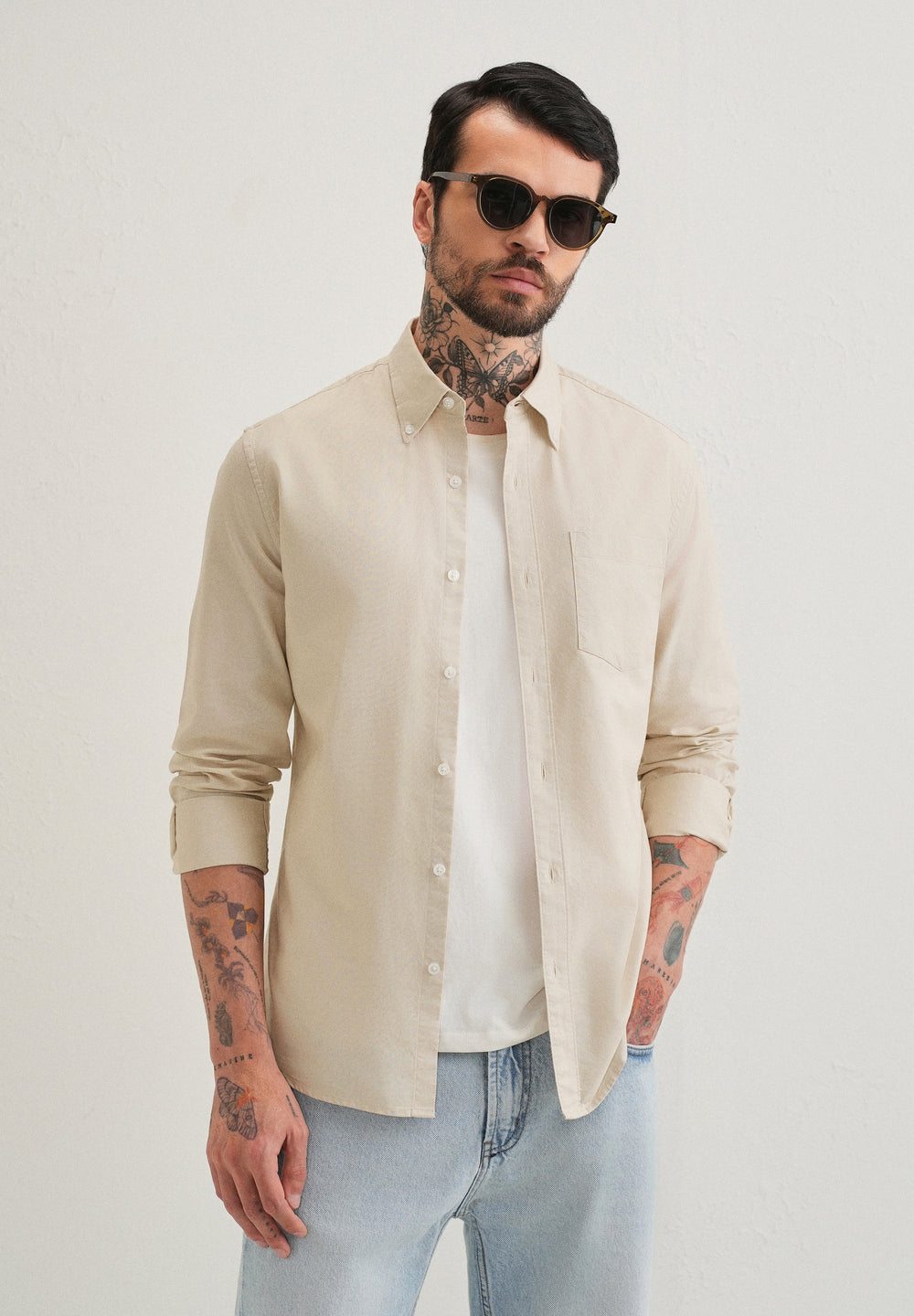 Beige Plain Cotton Oxford Shirt