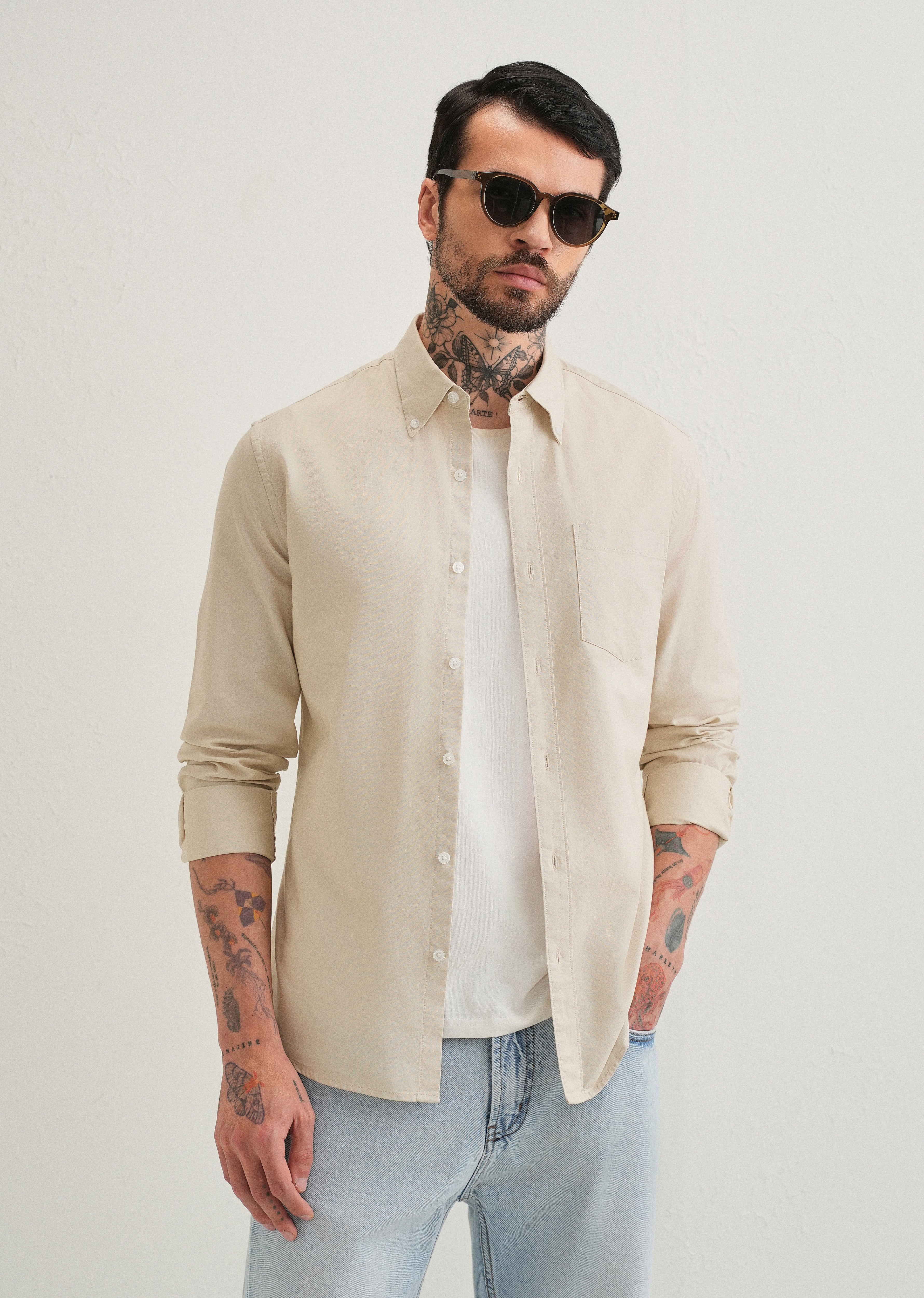 Beige Plain Cotton Oxford Shirt