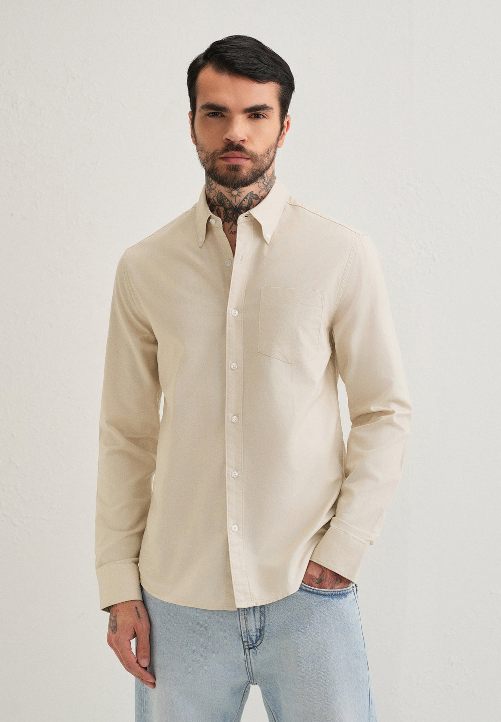 Beige Plain Cotton Oxford Shirt