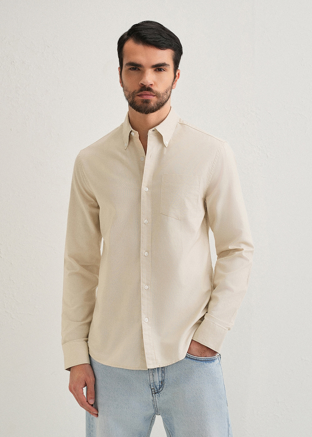 Beige Plain Cotton Oxford Shirt