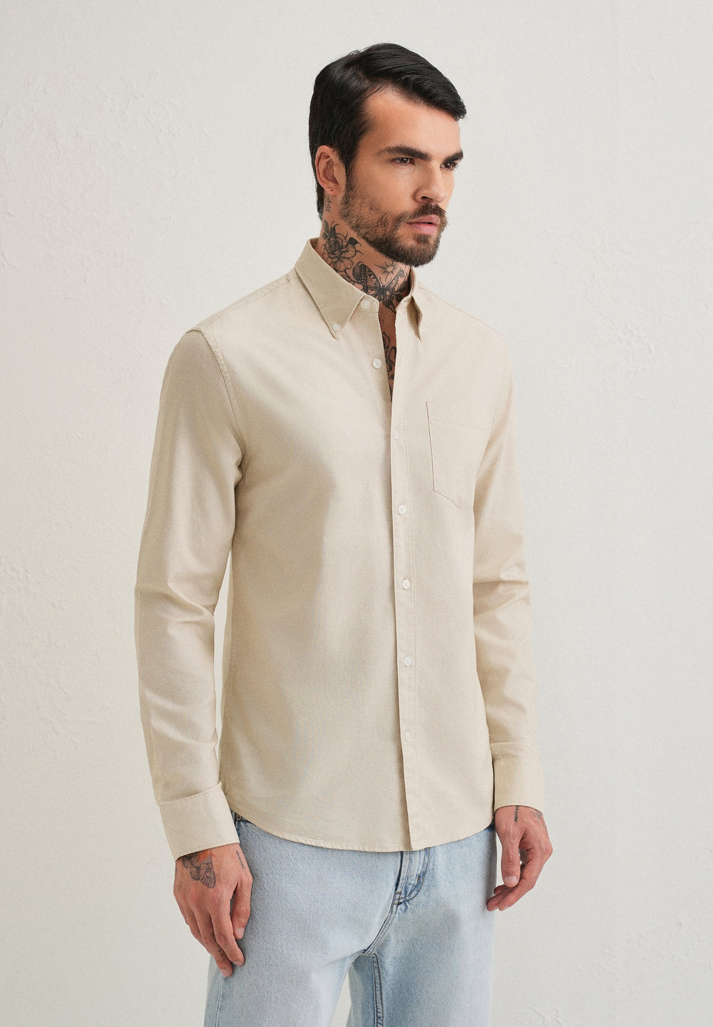 Beige Plain Cotton Oxford Shirt